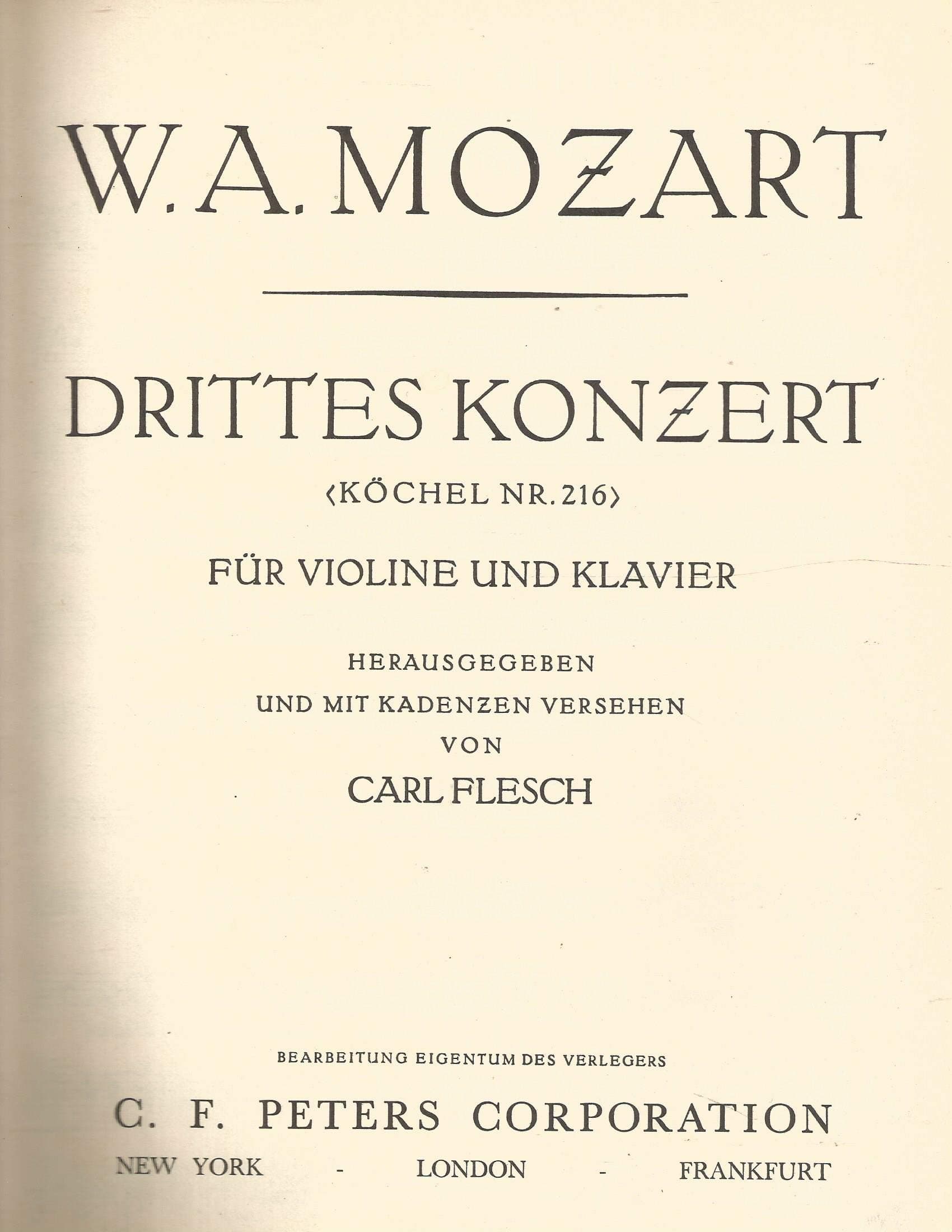 Mozart Drittes Konzert Violine Part ONLY Edition Peters Kochel Nr.216 SOLD AS IS [Sheet music] Mozart by null