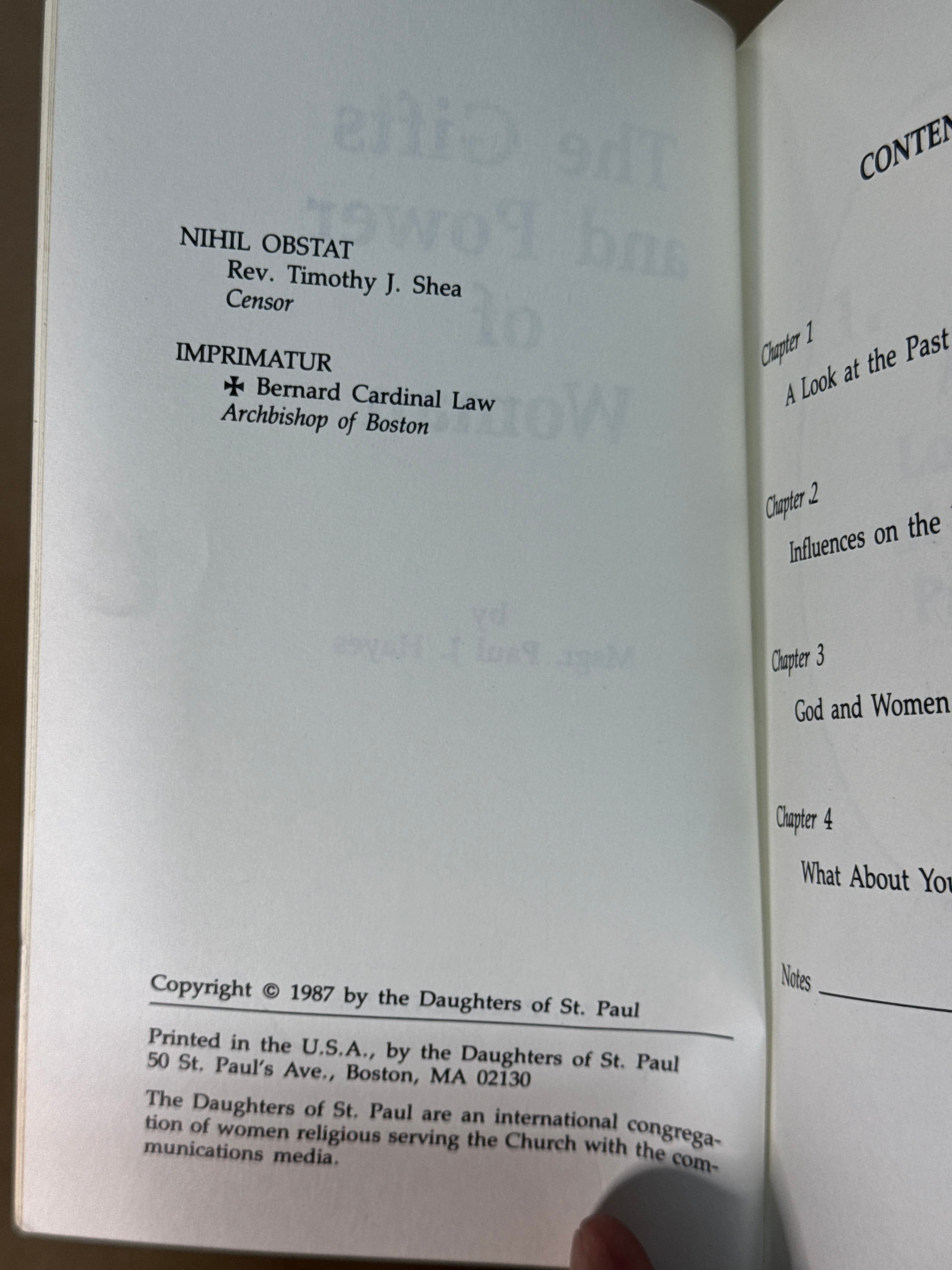 The Gifts and Power of Woman by Msgr. Paul J. Hayes - copyright page showing publication details