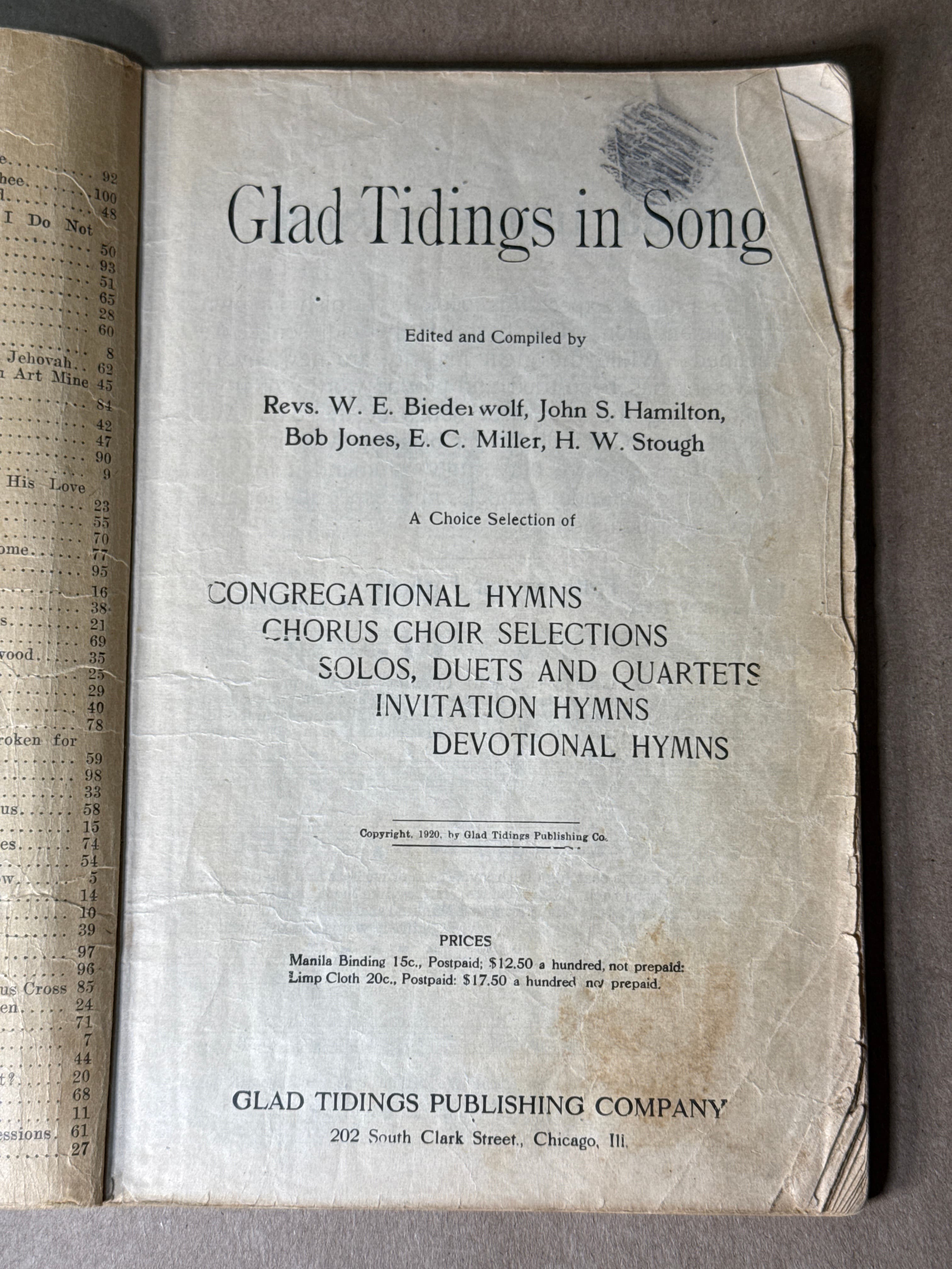 Glad Tidings in Song by Edited and Compiled by Revs. W. E. Biederwolf, John S. Hamilton, Bob Jones, E. C. Miller, H. W. Stough - title page