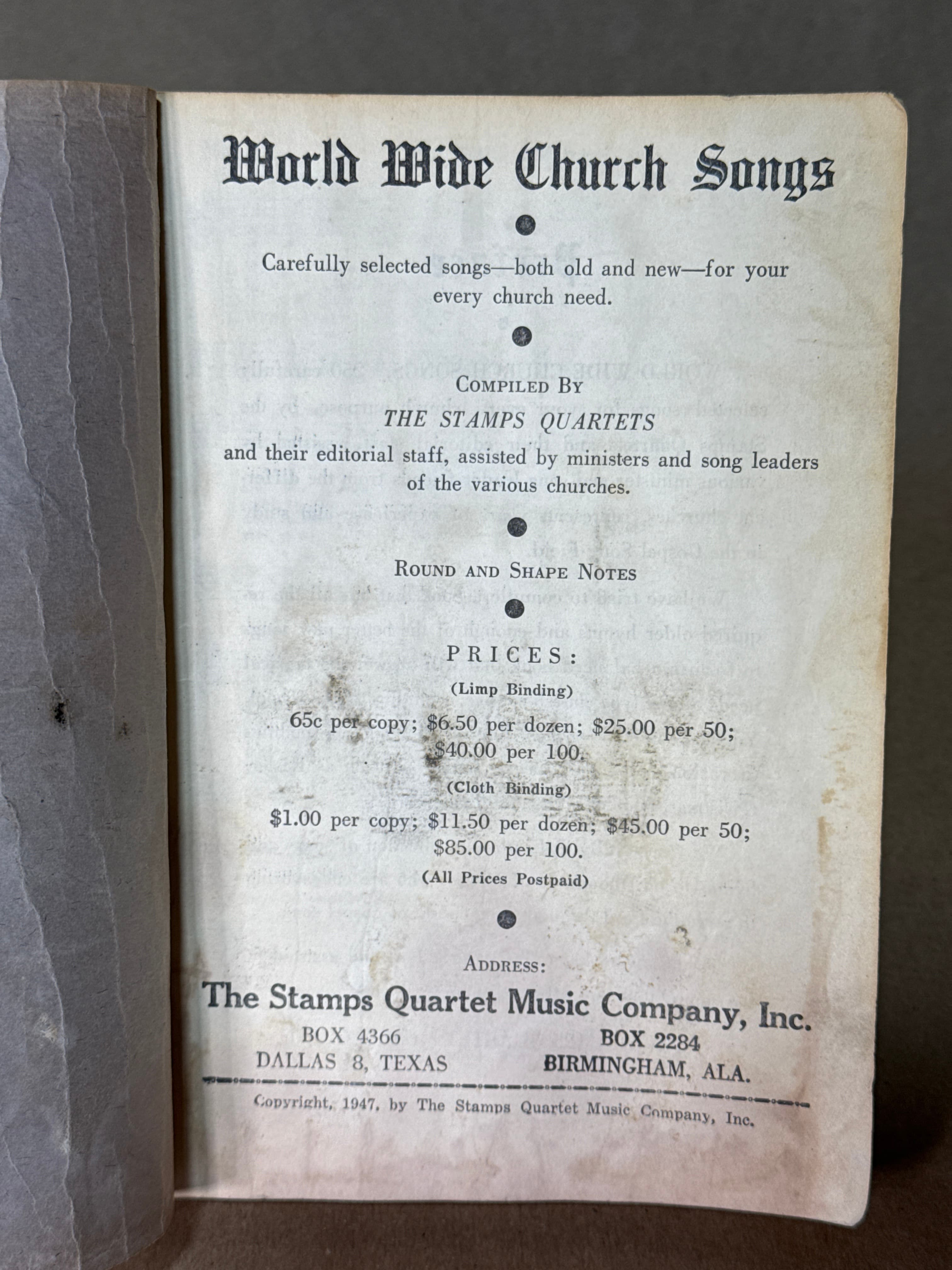 World Wide Church Songs by Compiled by The Stamps Quartets - title page