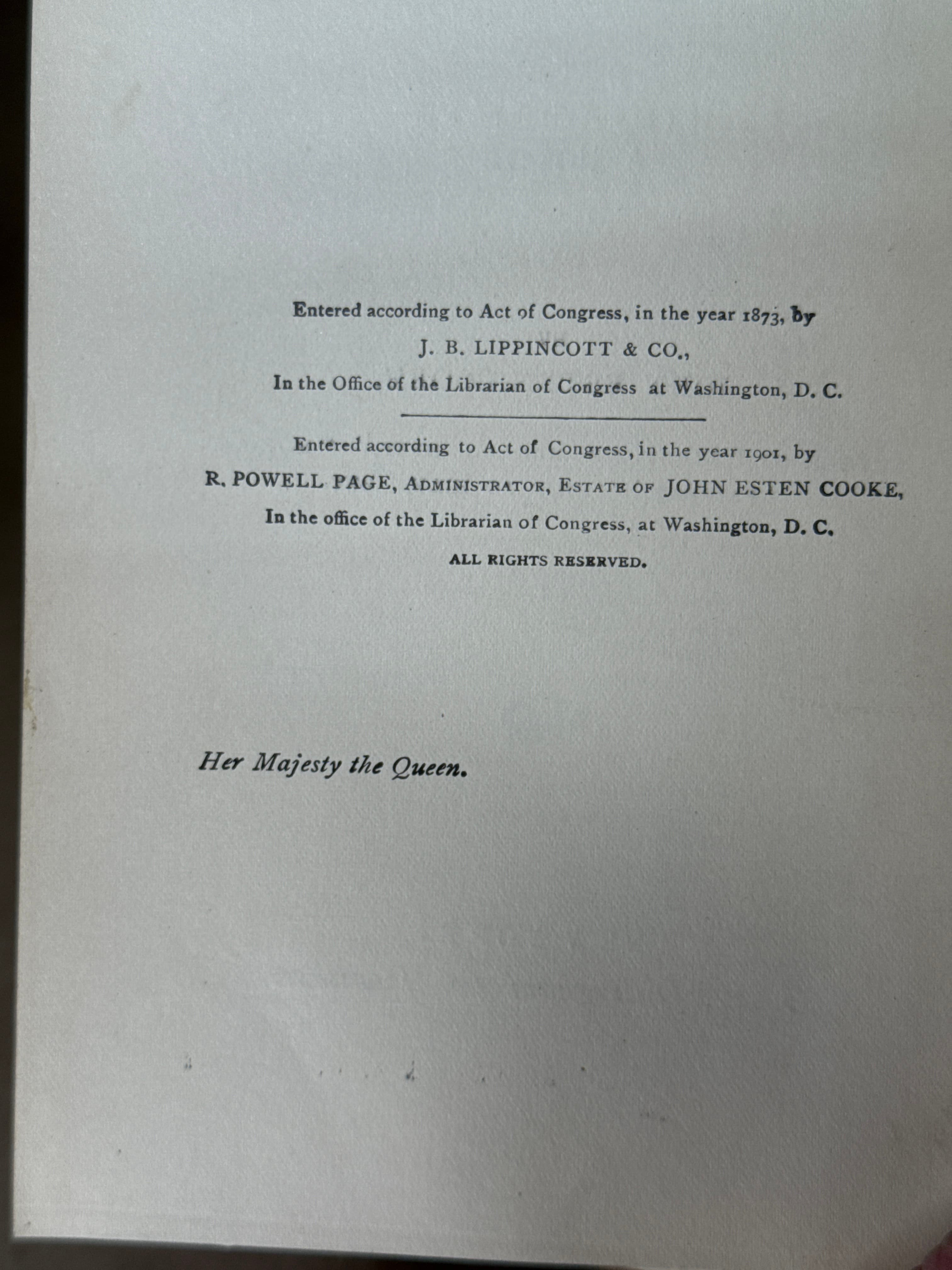 Her Majesty the Queen by John Esten Cooke - copyright page showing 1901 details