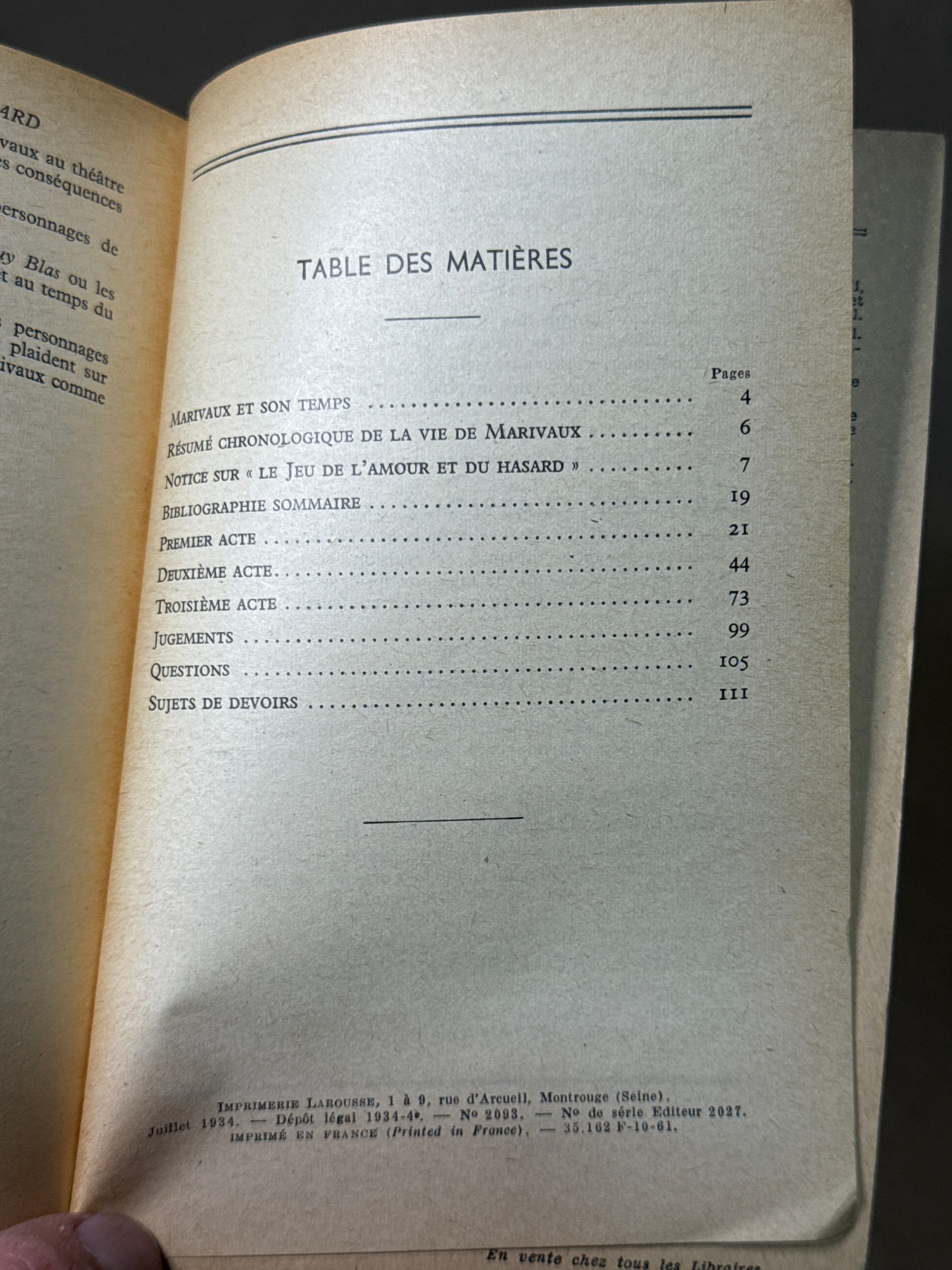 Le Jeu de l'Amour et du Hasard by Marivaux - copyright page showing publication details