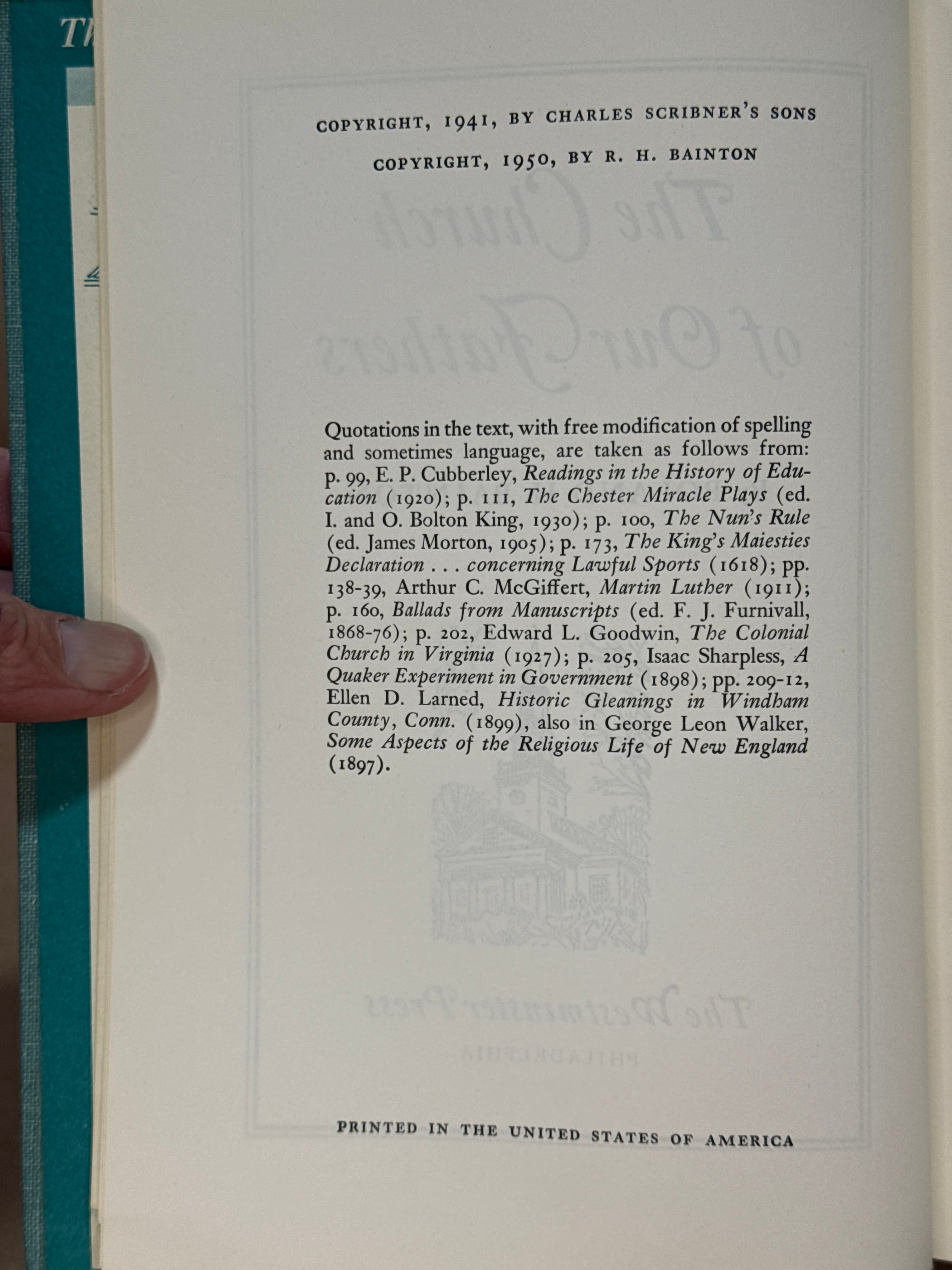 The Church of Our Fathers [Hardcover] Roland H. Bainton 1950 by Roland H. Bainton - copyright page showing 1950 details