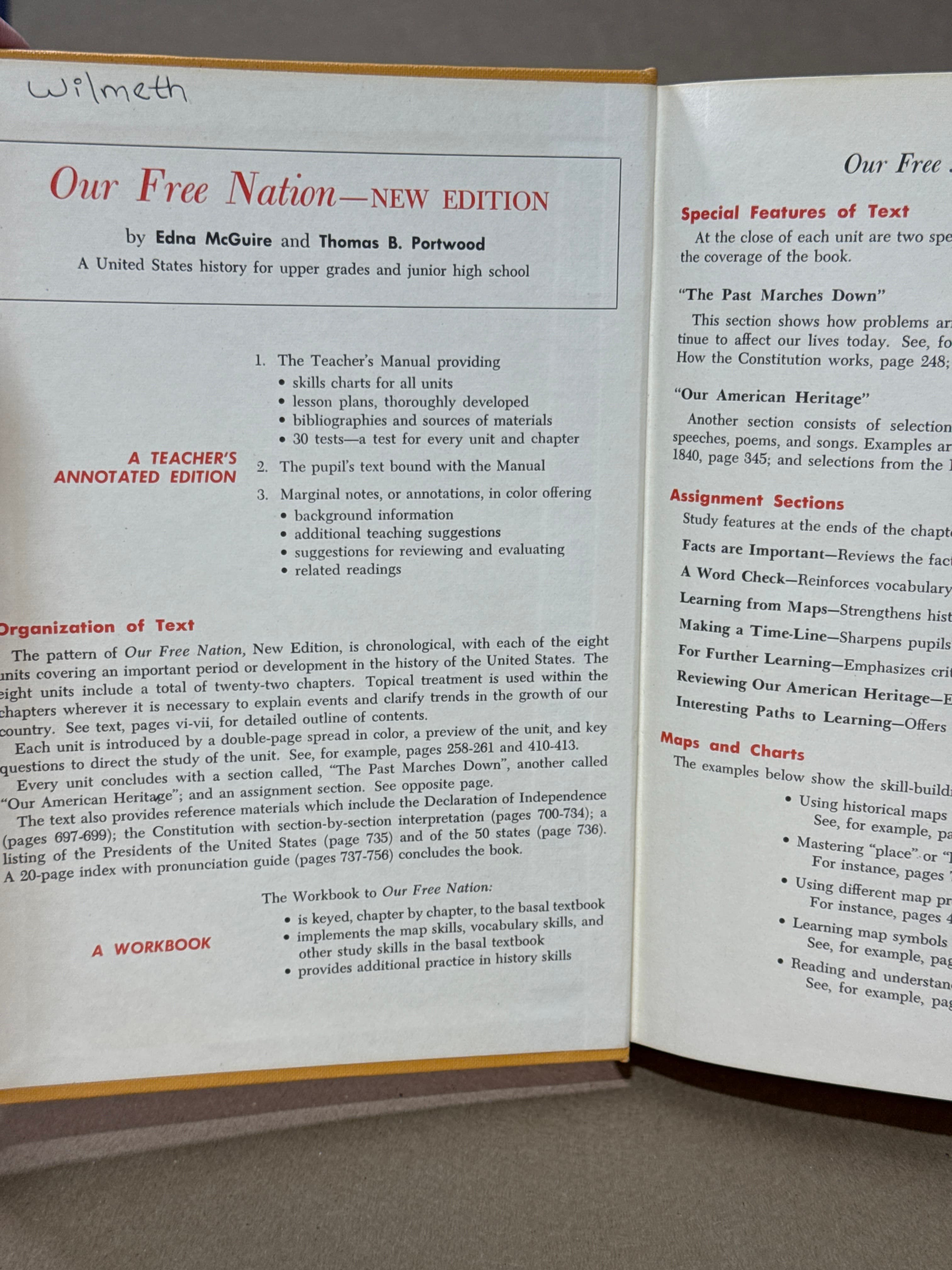 Our Free Nation Teacher's Edition [Hardcover] Edna McGuire 1961 Textbook by Edna McGuire, Thomas B. Portwood - additional view