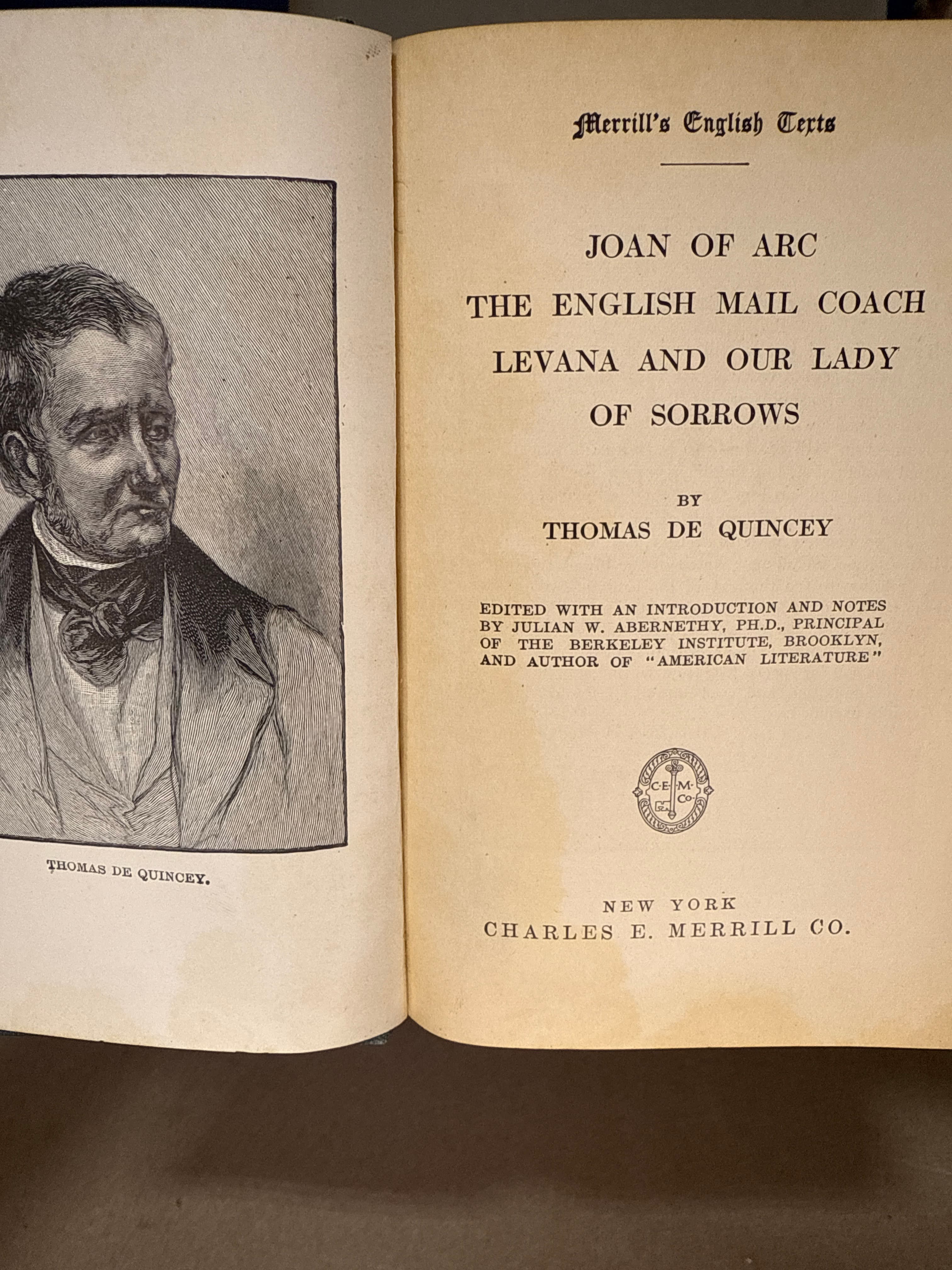 Joan of Arc and The English Mail Coach [Hardcover] Thomas De Quincey 1906 by Thomas De Quincey - title page
