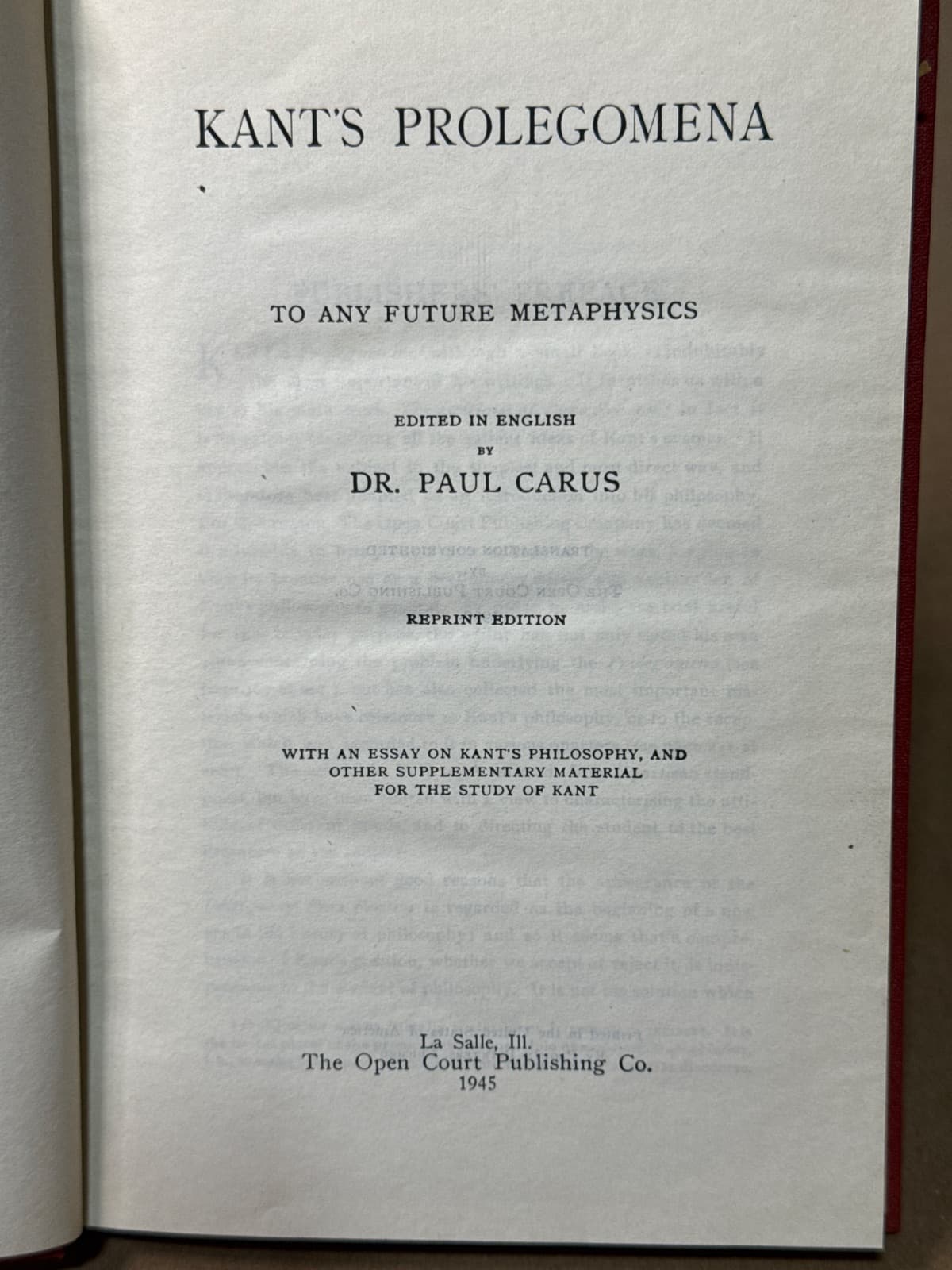 Kant's Prolegomena to Any Future Metaphysics by Dr. Paul Carus - title page