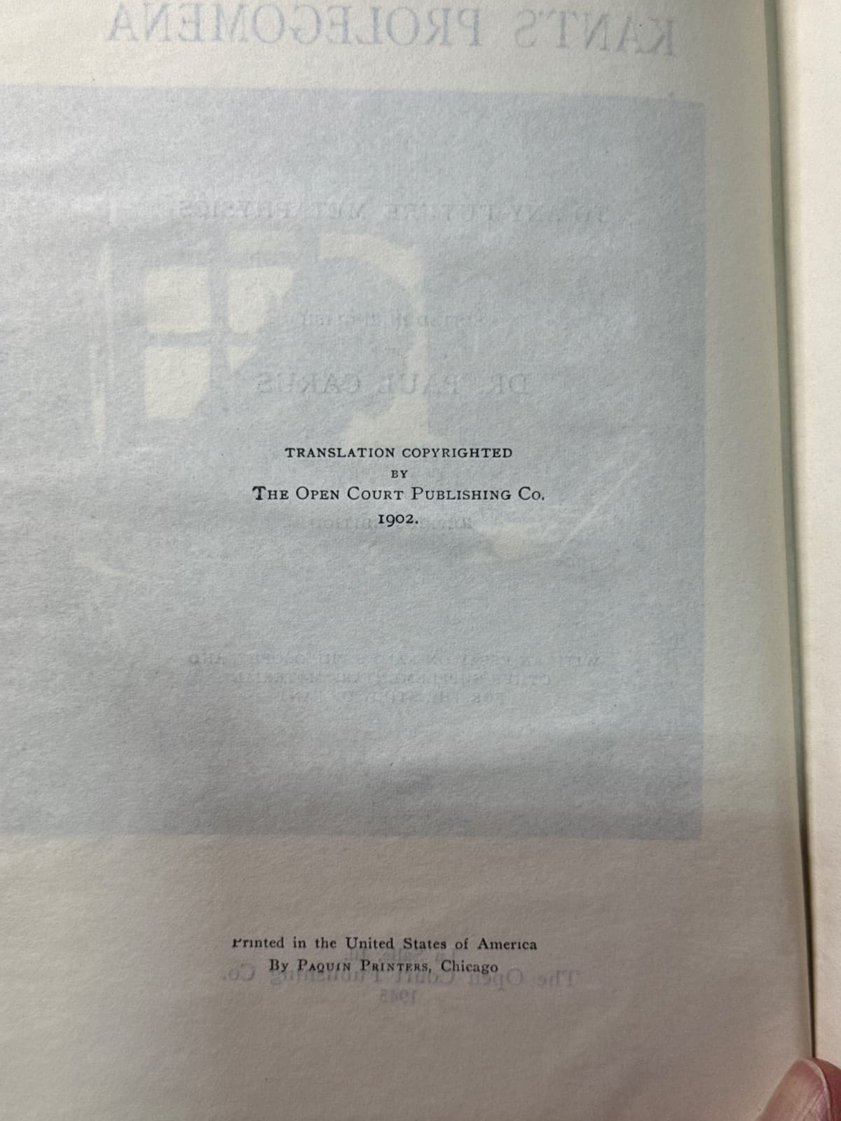 Kant's Prolegomena to Any Future Metaphysics by Dr. Paul Carus - copyright page showing 1945 details