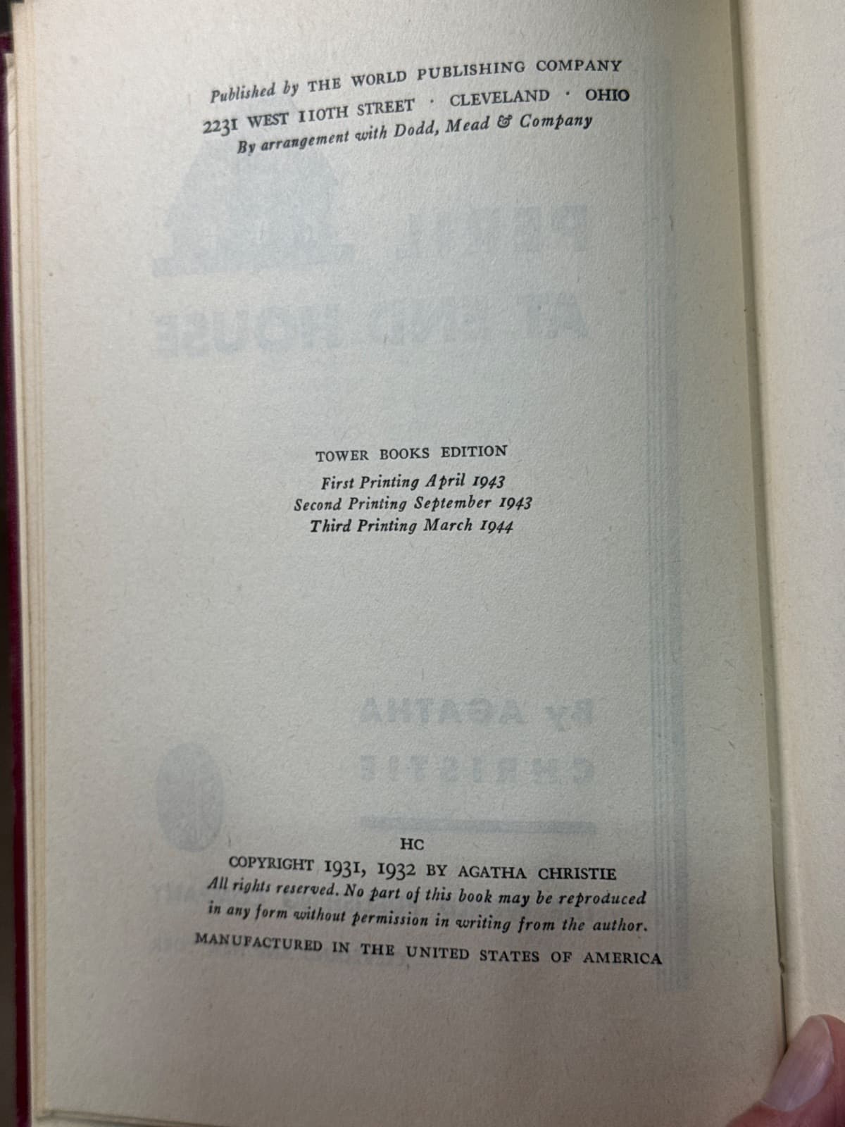 Peril at End House by Agatha Christie - copyright page showing 1944 details