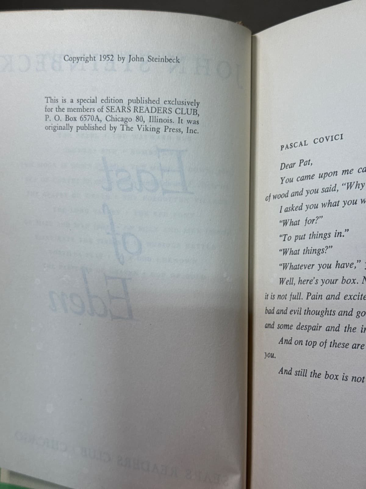 East of Eden by John Steinbeck - copyright page showing 1952 details
