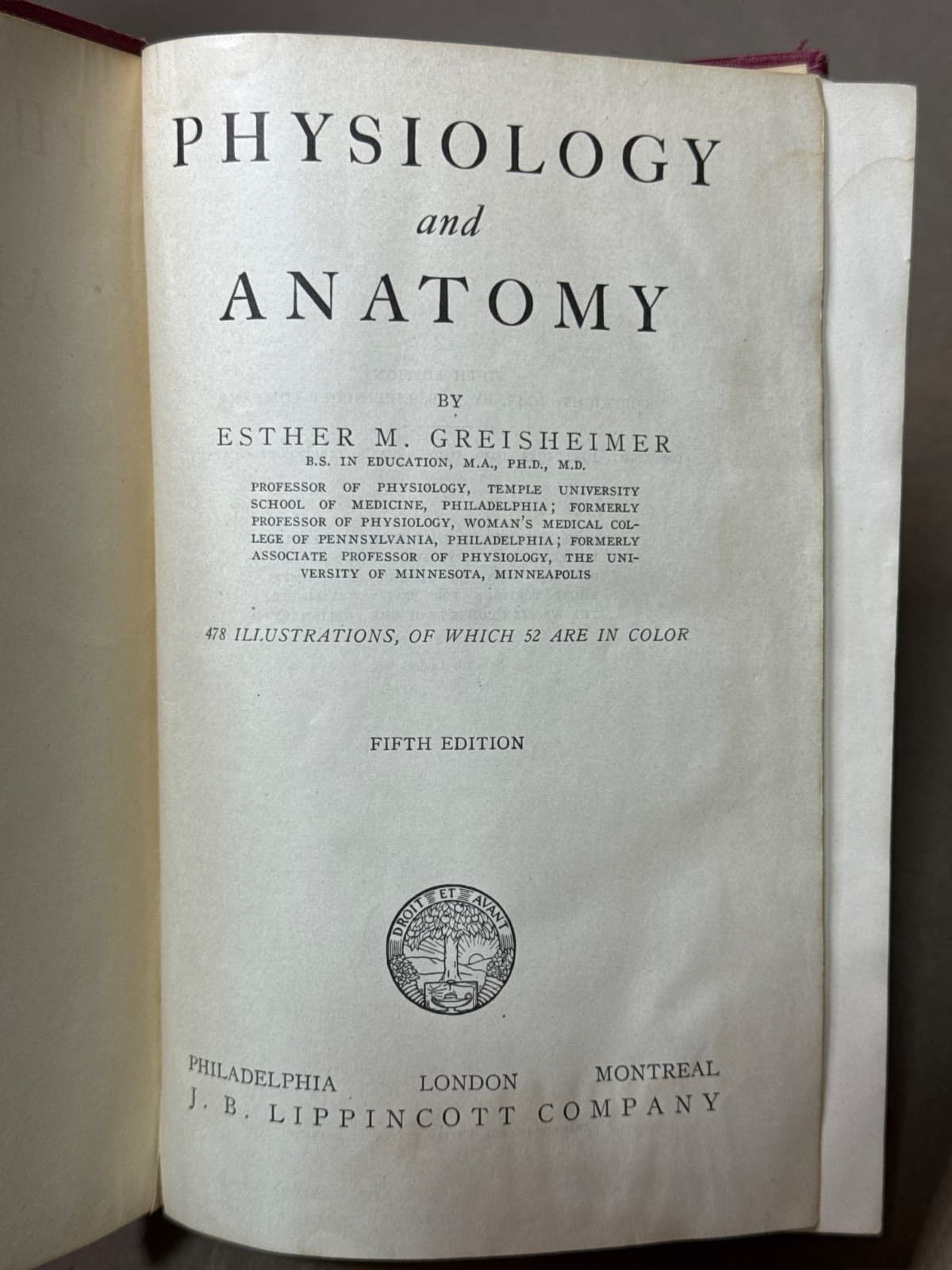 Physiology and Anatomy 5th edition by Esther M. Greisheimer - title page