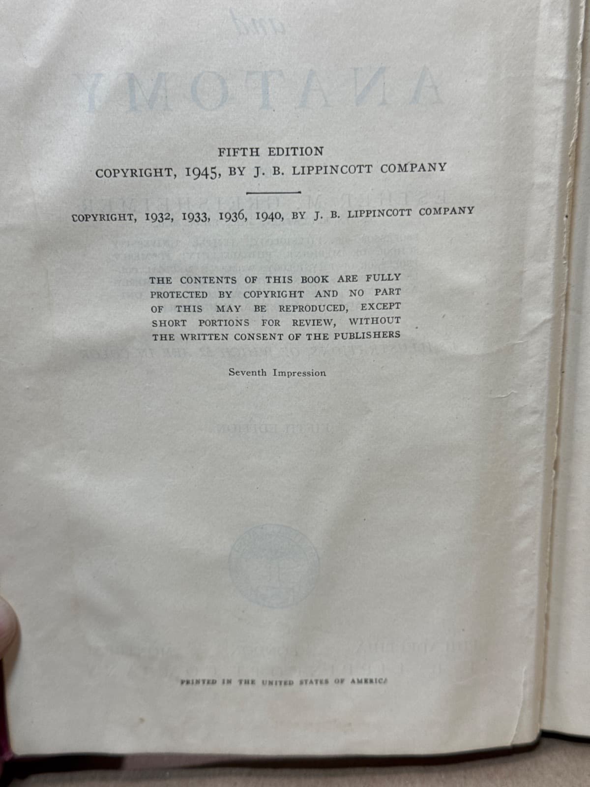 Physiology and Anatomy 5th edition by Esther M. Greisheimer - copyright page showing 1945 details