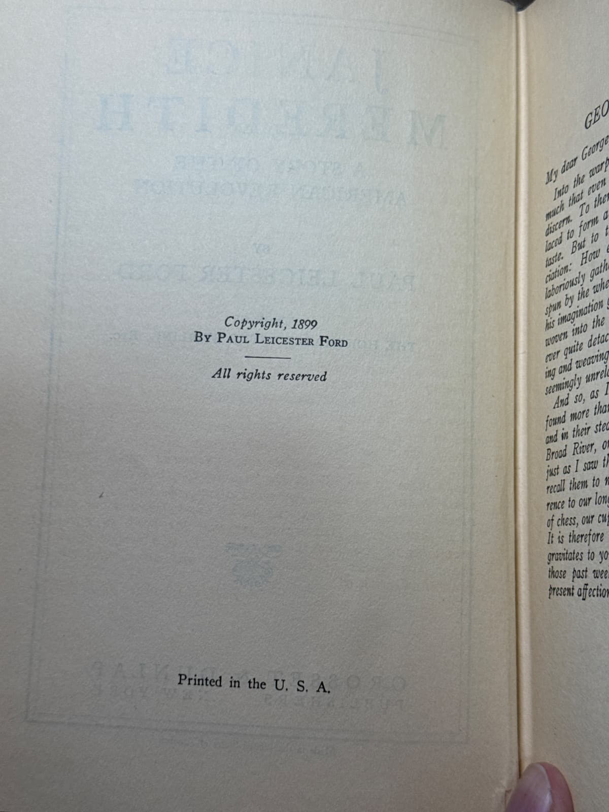 Janice Meredith by Paul Leicester Ford - copyright page showing 1899 details