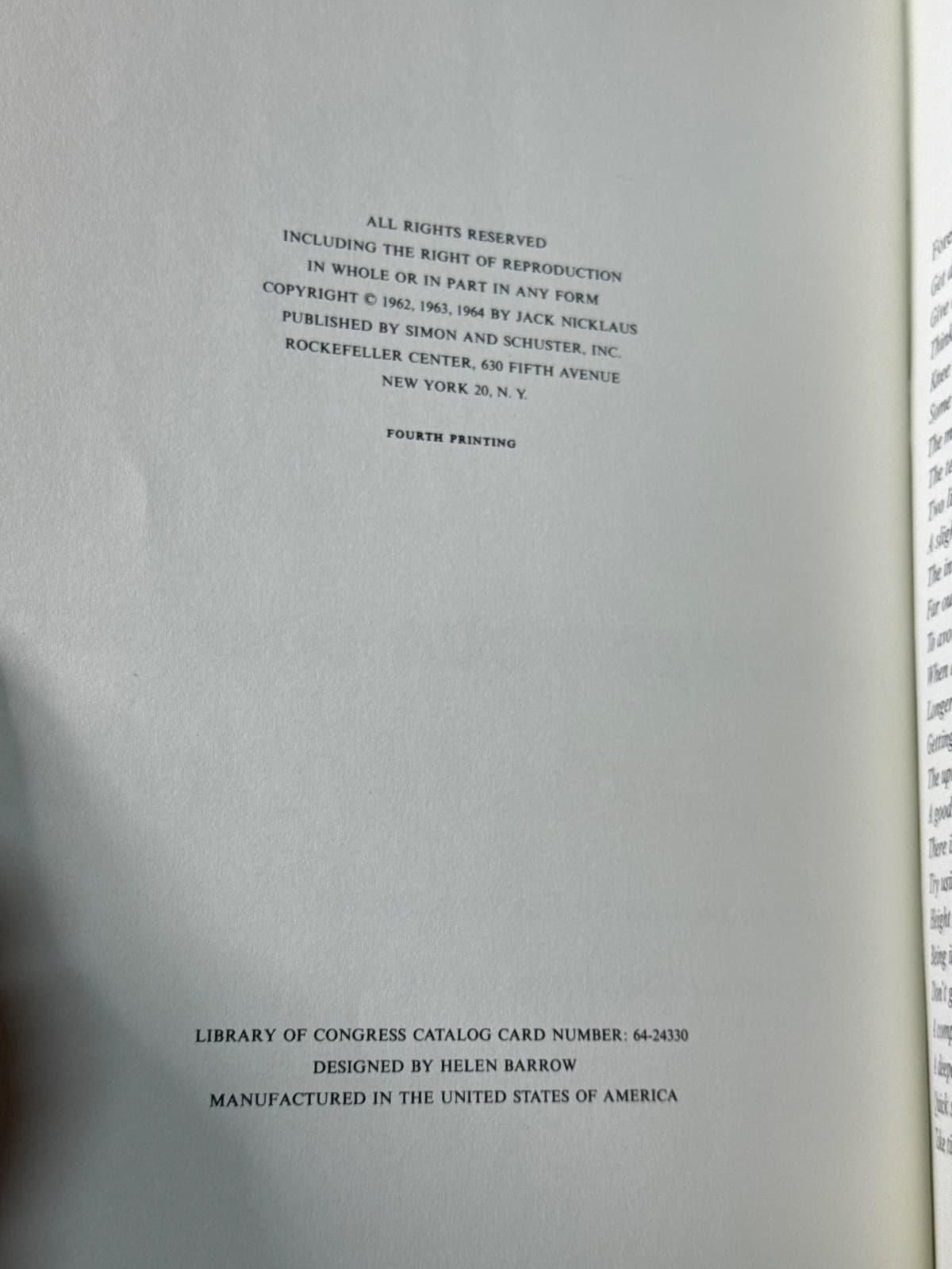 My 55 Ways to Lower Your Golf Score by Jack Nicklaus - copyright page showing 1964 details