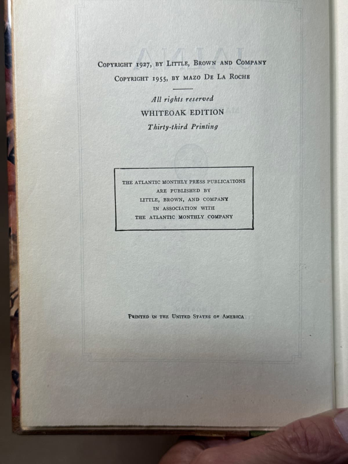 Jalna by Mazo de la Roche - copyright page showing 1955 details