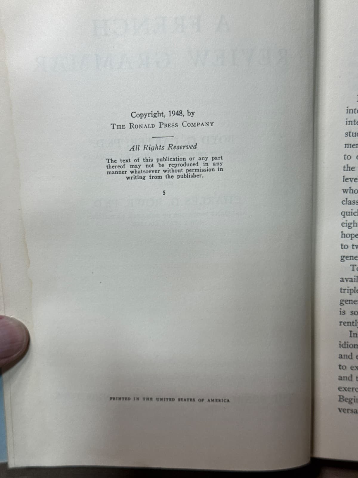 A French Review Grammar by Boyd G. Carter, Ph.D. and Charles G. Rowe, Ph.D. - copyright page showing 1948 details
