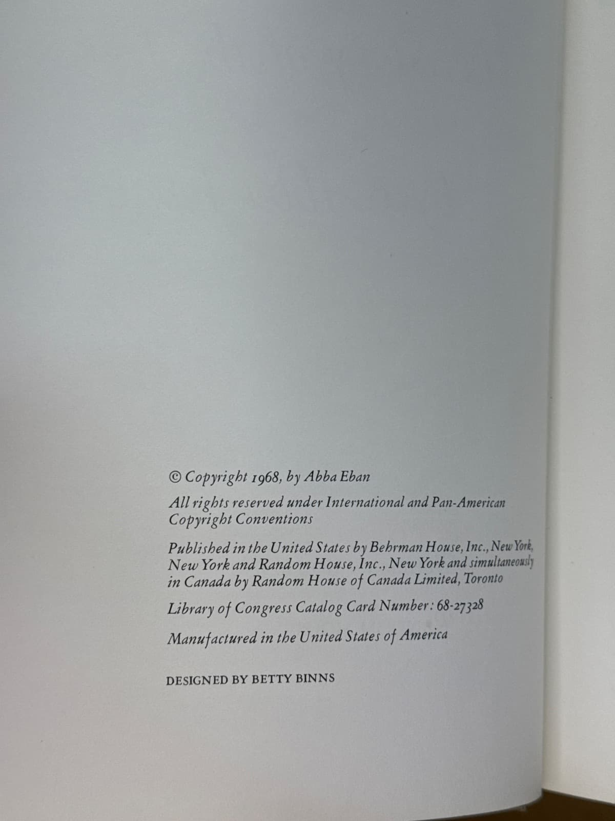 My People: The Story of the Jews by Abba Eban - copyright page showing 1968 details