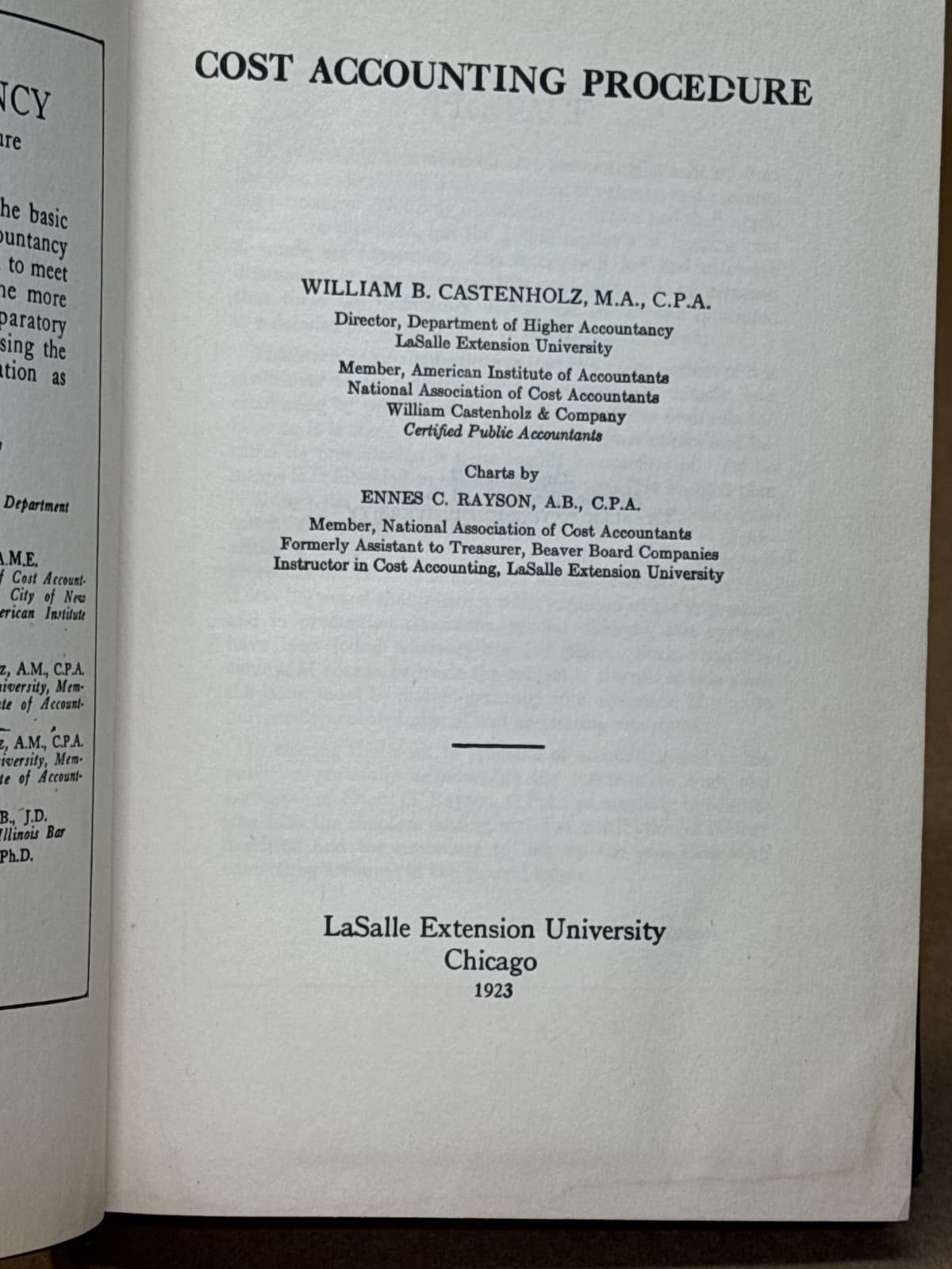 Cost Accounting Procedure by William B. Castenholz - title page