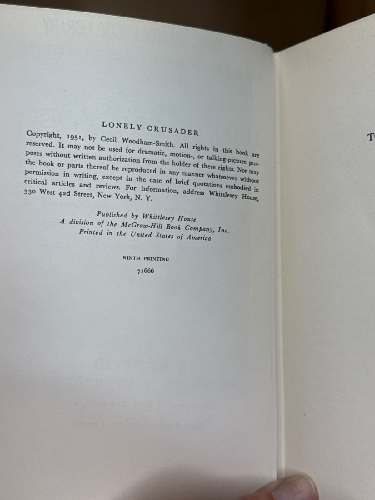 Lonely Crusader: The Life of Florence Nightingale by Cecil Woodham-Smith - copyright page showing 1951 details