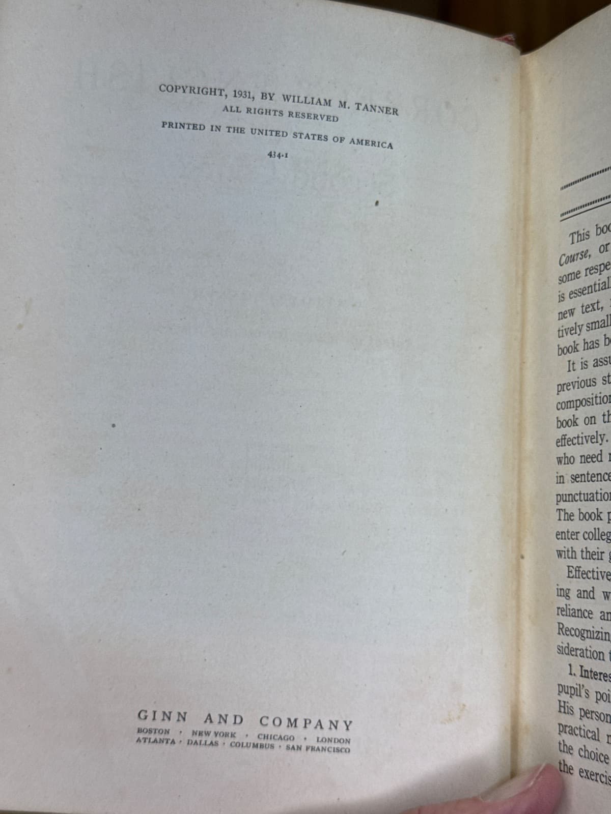 Correct English Second Course by William M. Tanner - copyright page showing 1931 details