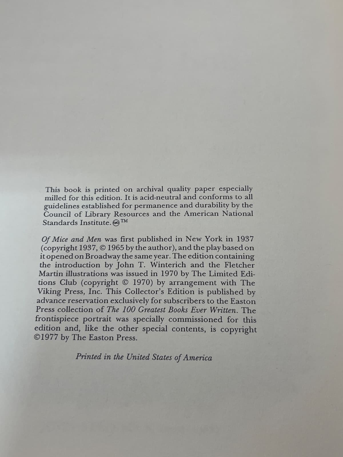 Of Mice and Men by John Steinbeck - copyright page showing publication details