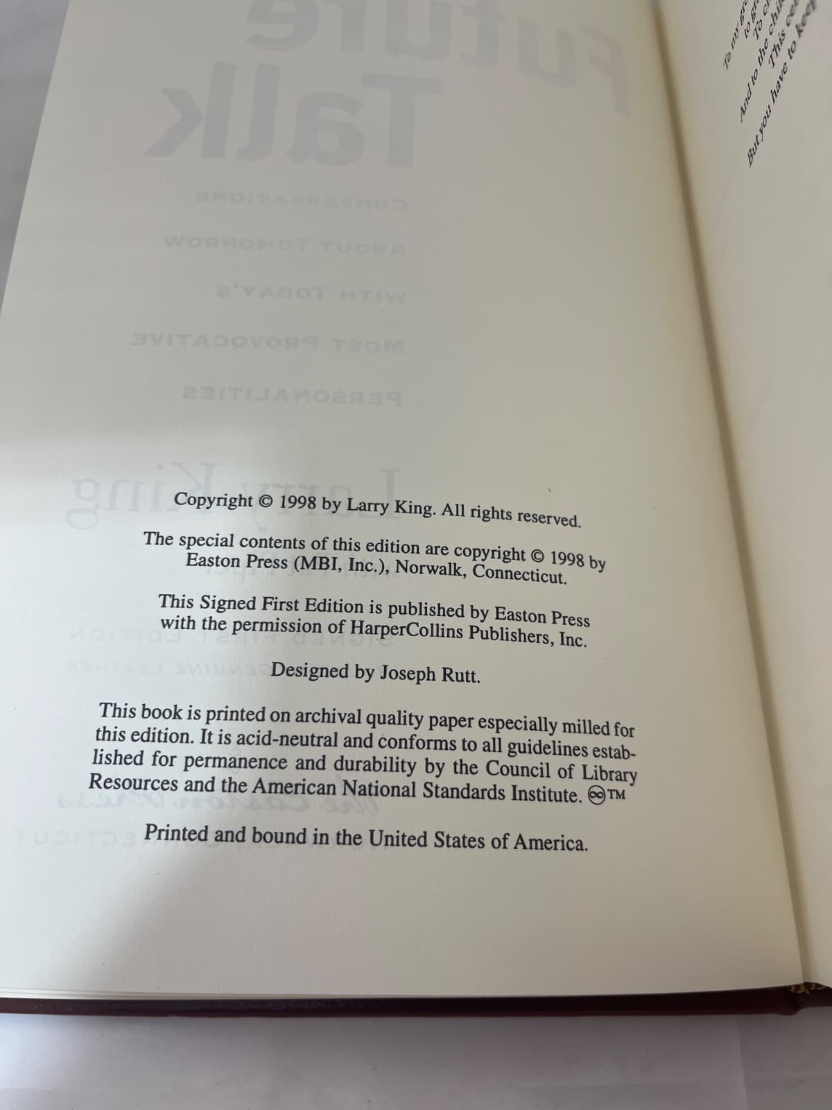 Future Talk by Larry King with Pat Piper - copyright page showing 1998 details