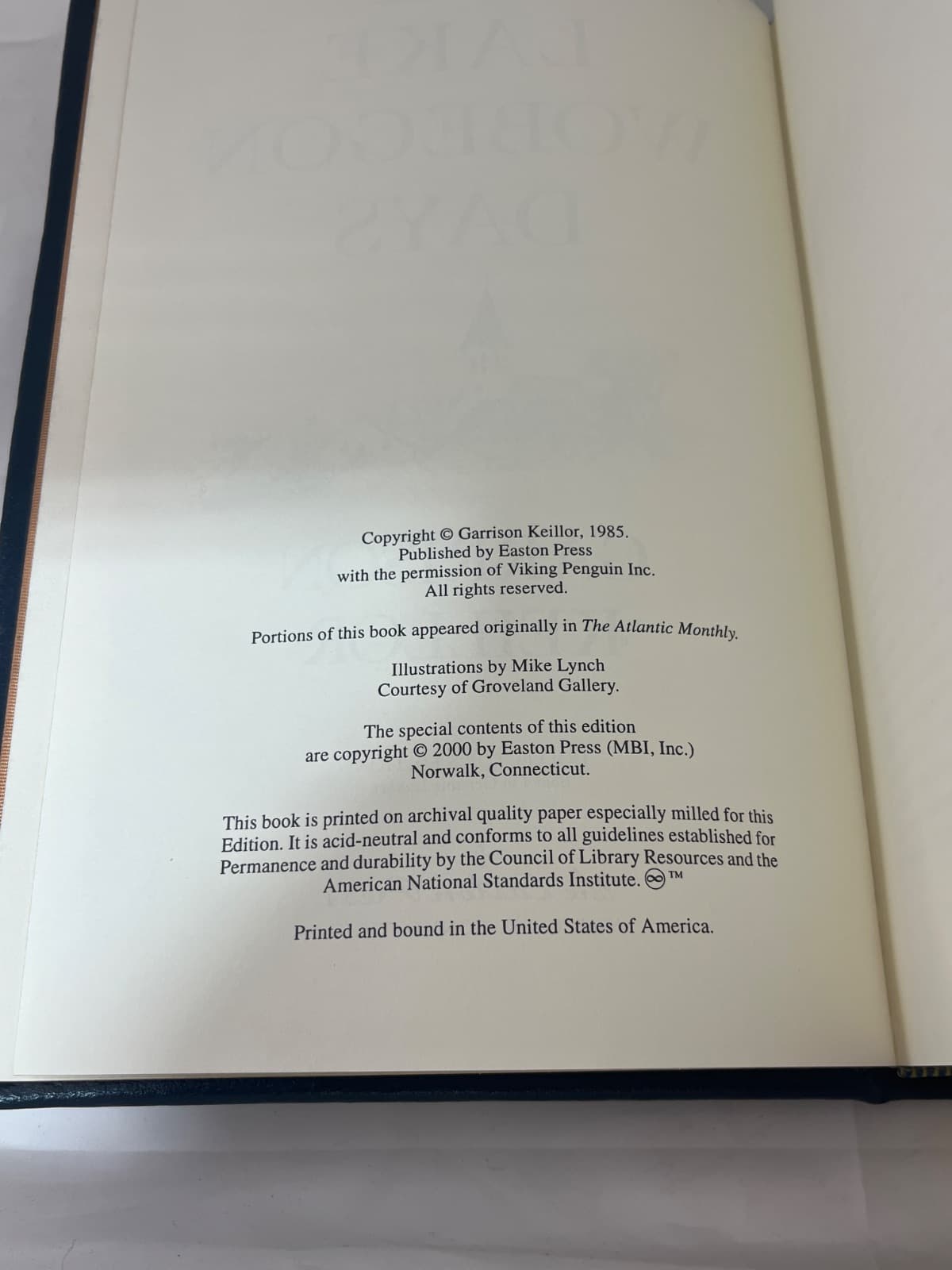 Lake Wobegon Days by Garrison Keillor - copyright page showing 2000 details