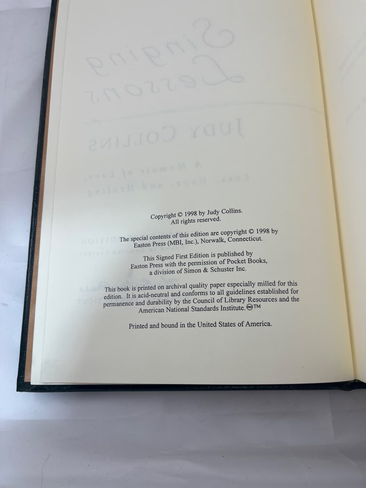 Singing Lessons - Judy Collins - Easton Press(1998) - Signed by Judy Collins - copyright page showing 1998 details