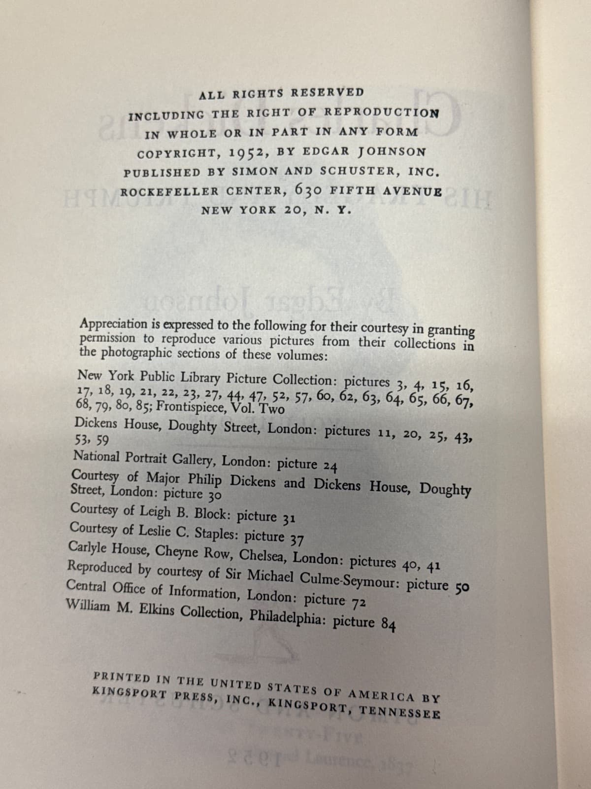 Charles Dickens: His Tragedy and Triumph, Volume One by Edgar Johnson - copyright page showing publication details