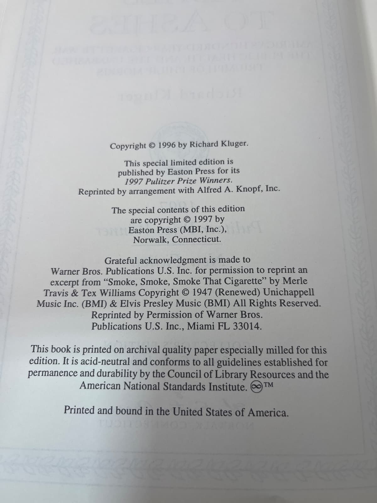 Ashes to Ashes - Richard Kluger - Easton Press - SIGNED  by Richard Kluger - copyright page showing 1997 details