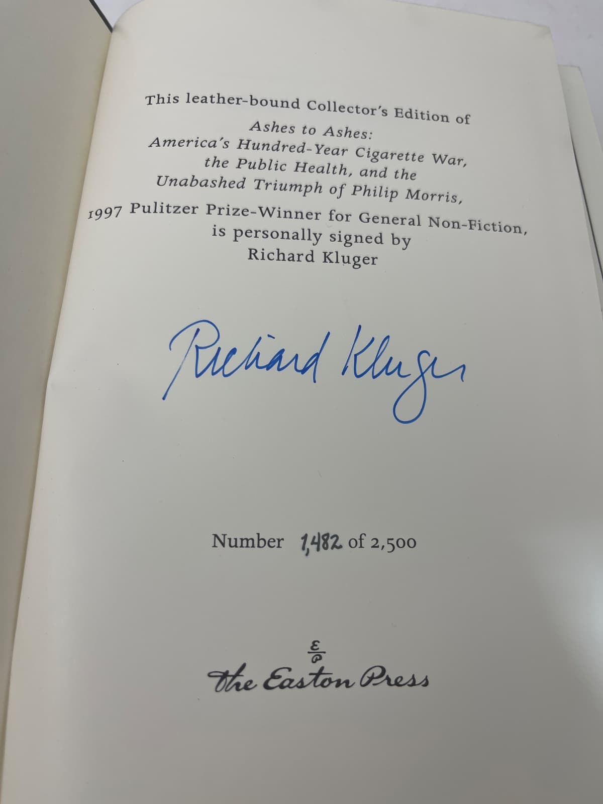 Ashes to Ashes - Richard Kluger - Easton Press - SIGNED  by Richard Kluger - additional view