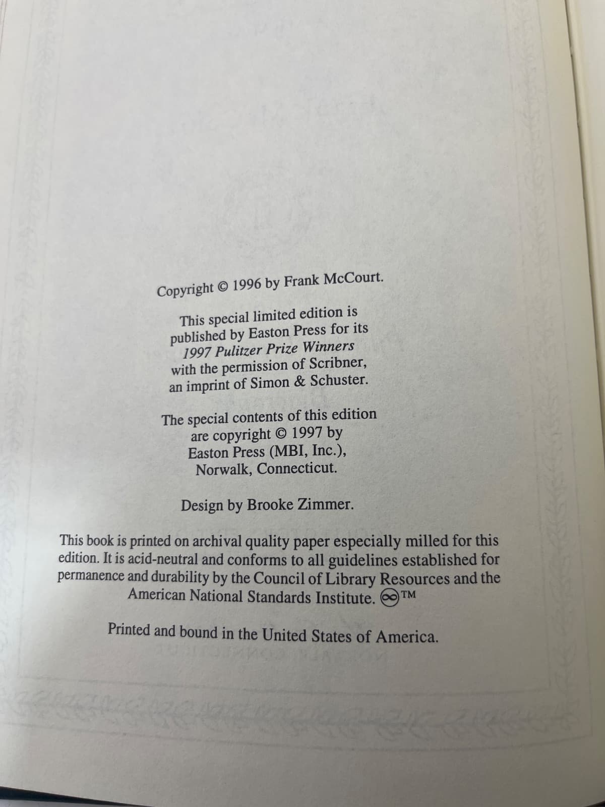 Angela's Ashes: A Memoir - Frank McCourt - Easton Press - NO SIGNATURE  by Frank McCourt - copyright page showing 1997 details