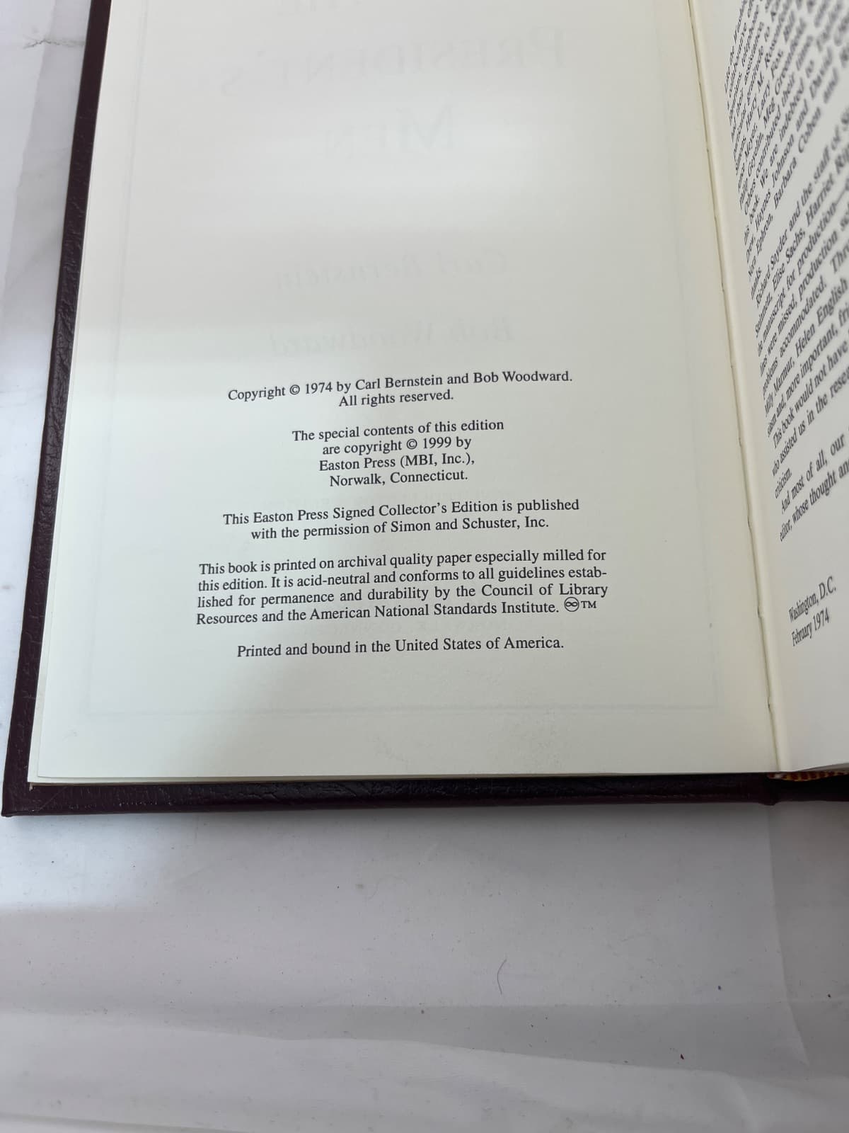 All the President's Men - Bernstein,Woodward - Easton Press - NO SIGNATURE by Carl Bernstein and Bob Woodward - copyright page showing publication details
