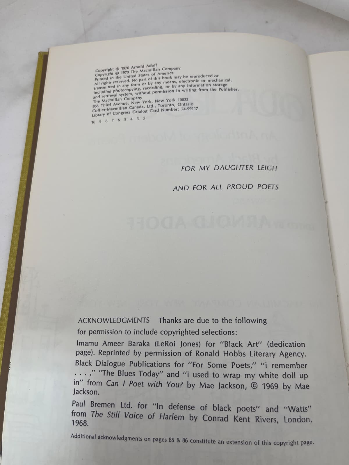 Black Out Loud: An Anthology of Modern Poems by Black Americans - 1970 - EX LIBRARY  by Edited by Arnold Adoff - copyright page showing publication details