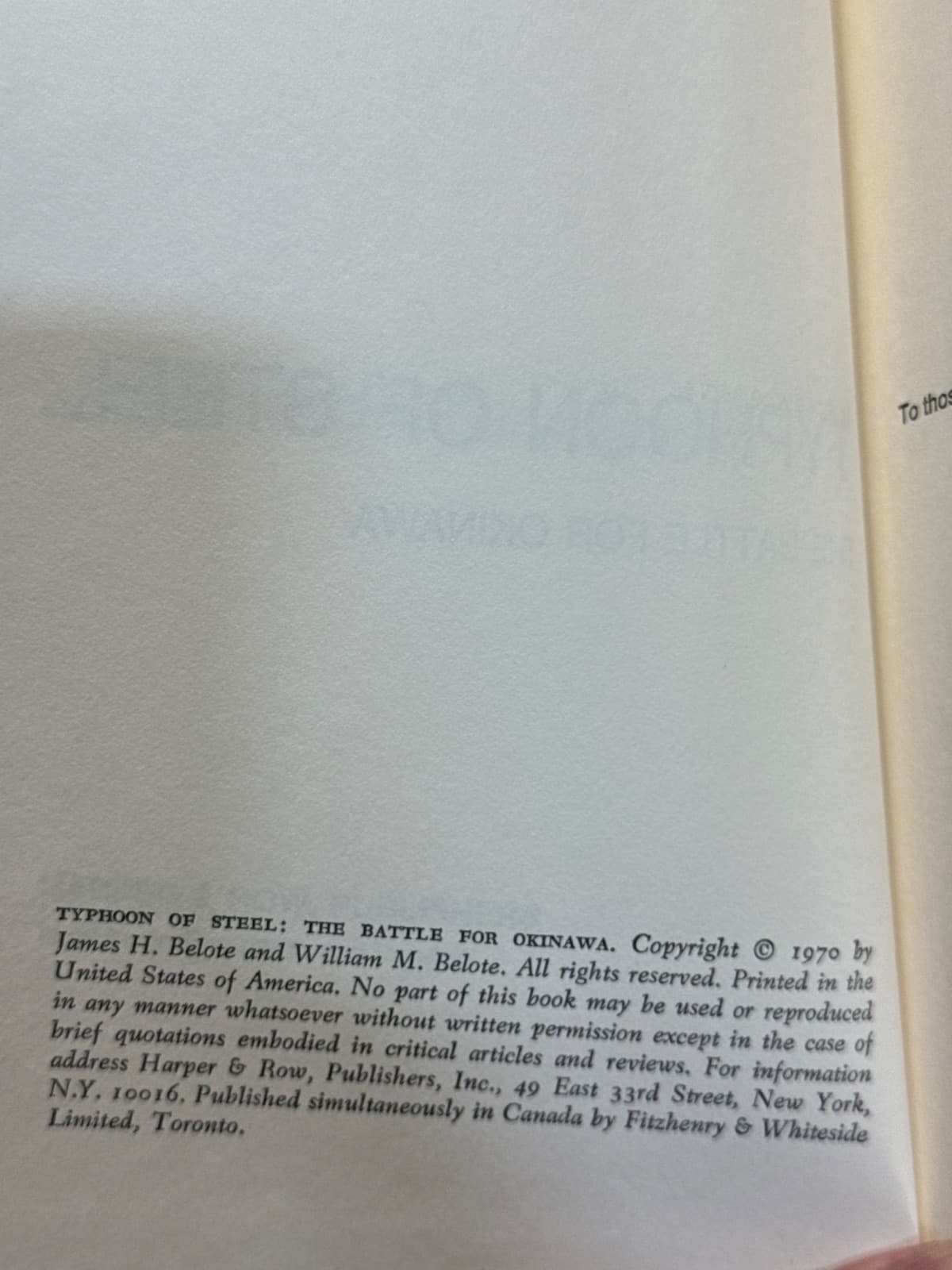 Typhoon of Steel by James H. Belote & William M. Belote - copyright page showing publication details