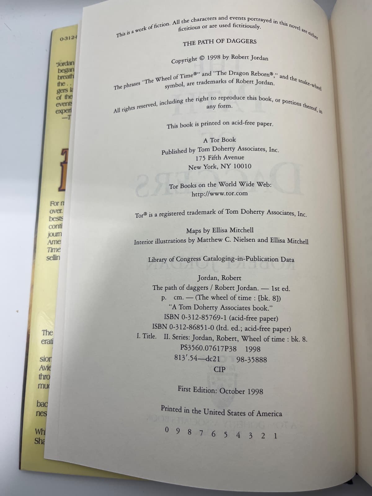 The Path of Daggers - Robert Jordan - Wheel of Time - Hardcover - First Edition/First Print  by Robert Jordan - copyright page showing 1998 details