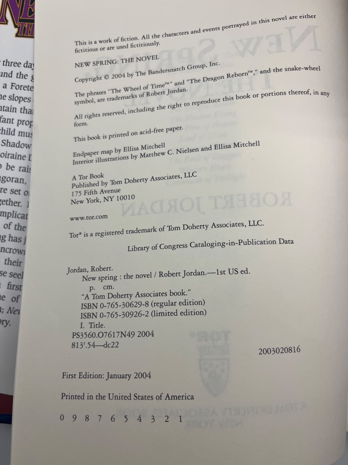 New Spring: The Novel - Robert Jordan - Wheel of Time - Hardcover - First Edition/First Print  by Robert Jordan - copyright page showing publication details