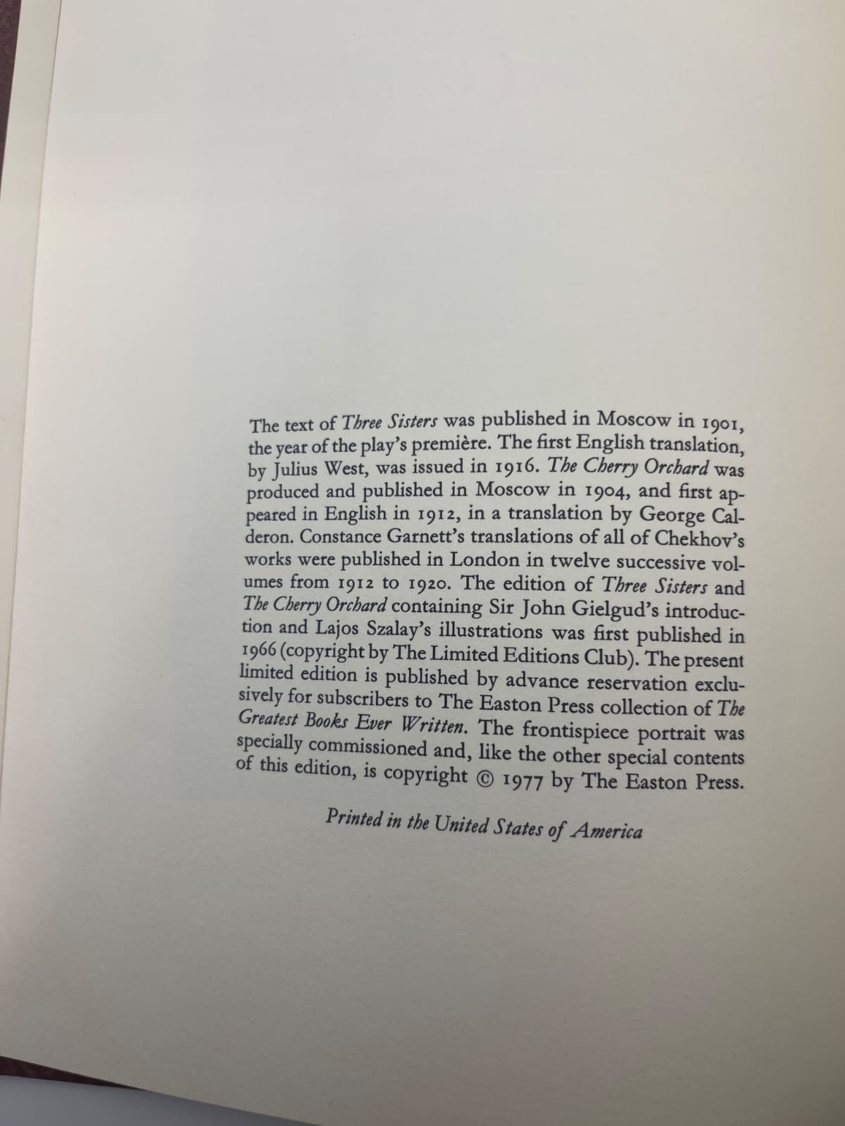 Two Plays of Anton Chekhov: The Cherry Orchard, Three Sisters - Easton Press by Anton Chekhov - copyright page showing publication details