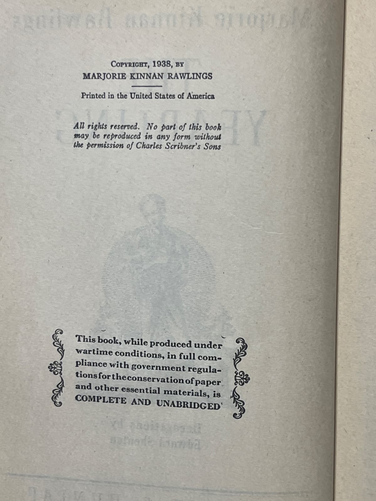 The Yearling - Marjorie Kinnan Rawlings - 1938 - VINTAGE, ANTIQUE  by Marjorie Kinnan Rawlings - copyright page showing publication details