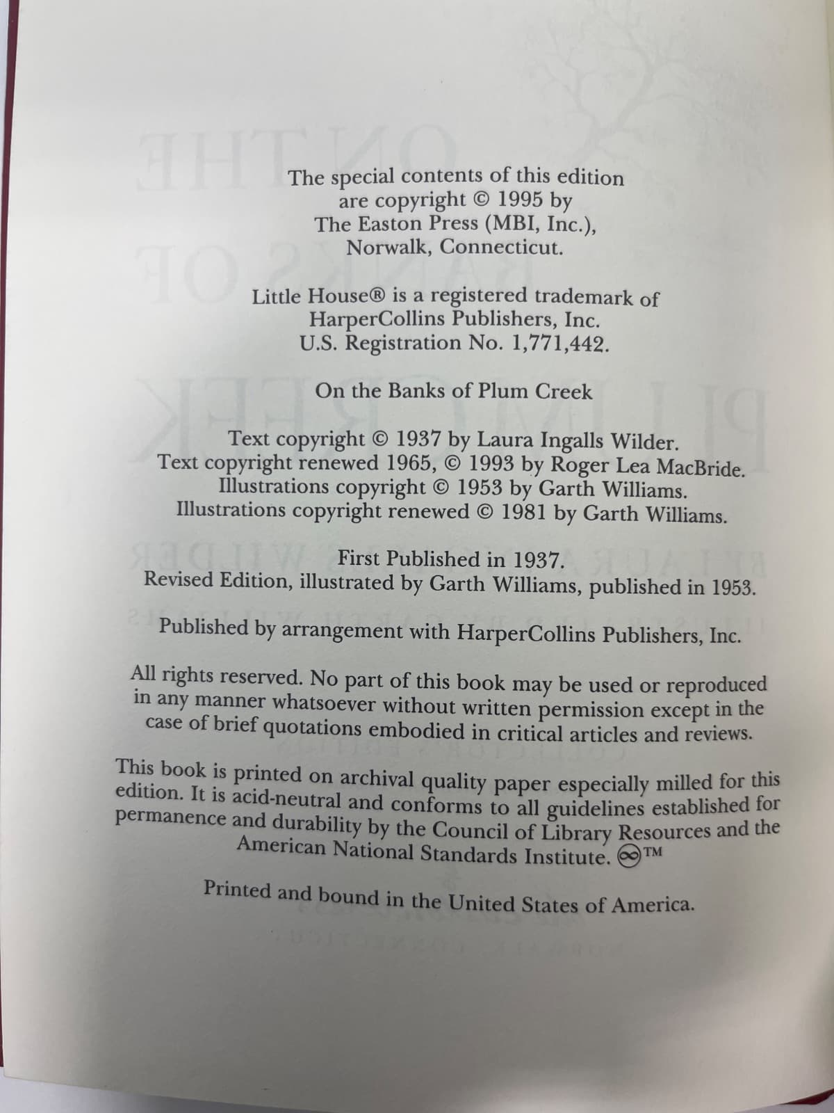 On the Banks of Plum Creek - Wilder - Easton Press(1995) by Laura Ingalls Wilder - copyright page showing publication details