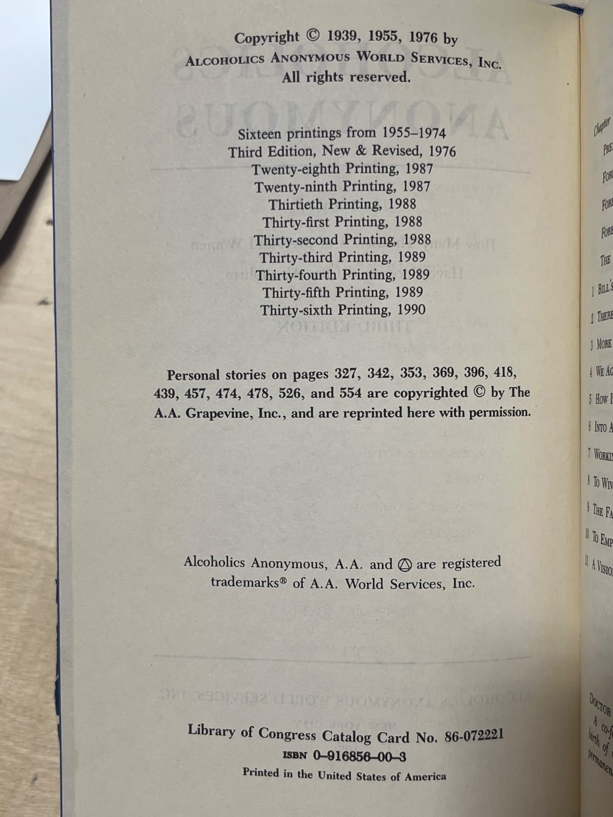 Alcoholics Anonymous - 3rd Edition(1990,36th Printing) - copyright page showing publication details