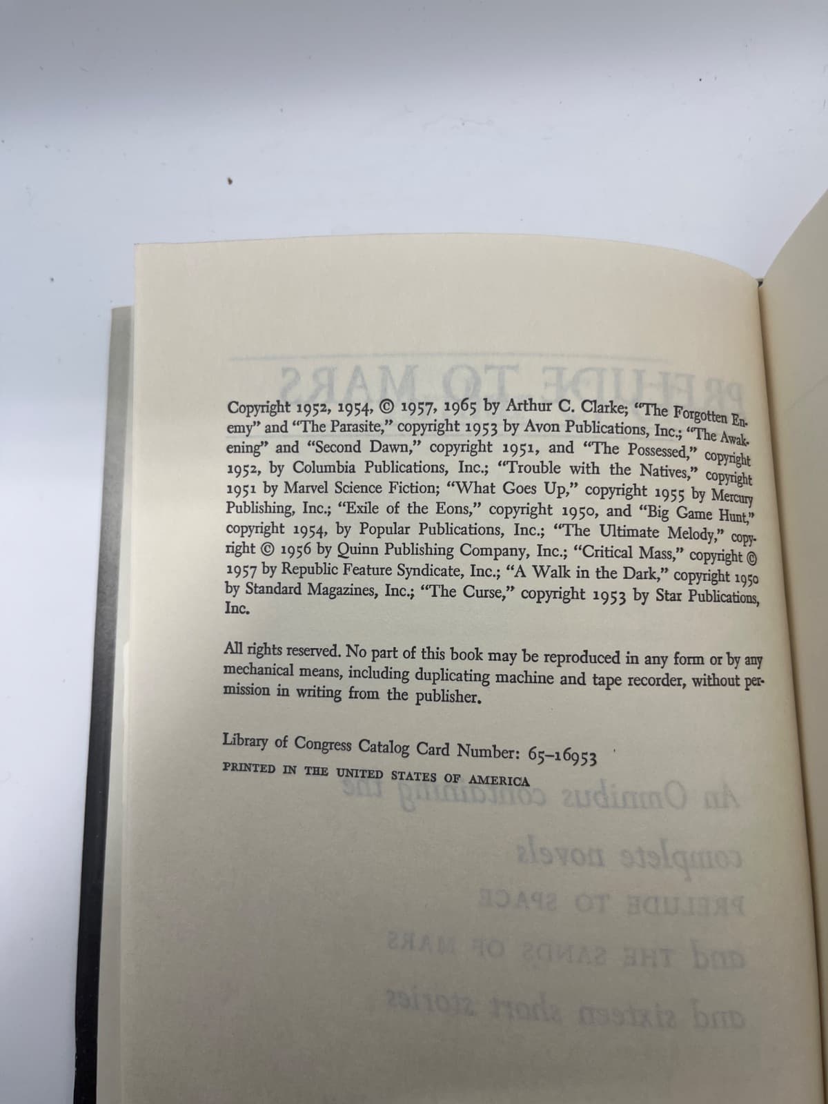 Arthur C. Clarke - Prelude to Mars - Book Club Edition - Hardcover  by Arthur C. Clarke - copyright page showing publication details