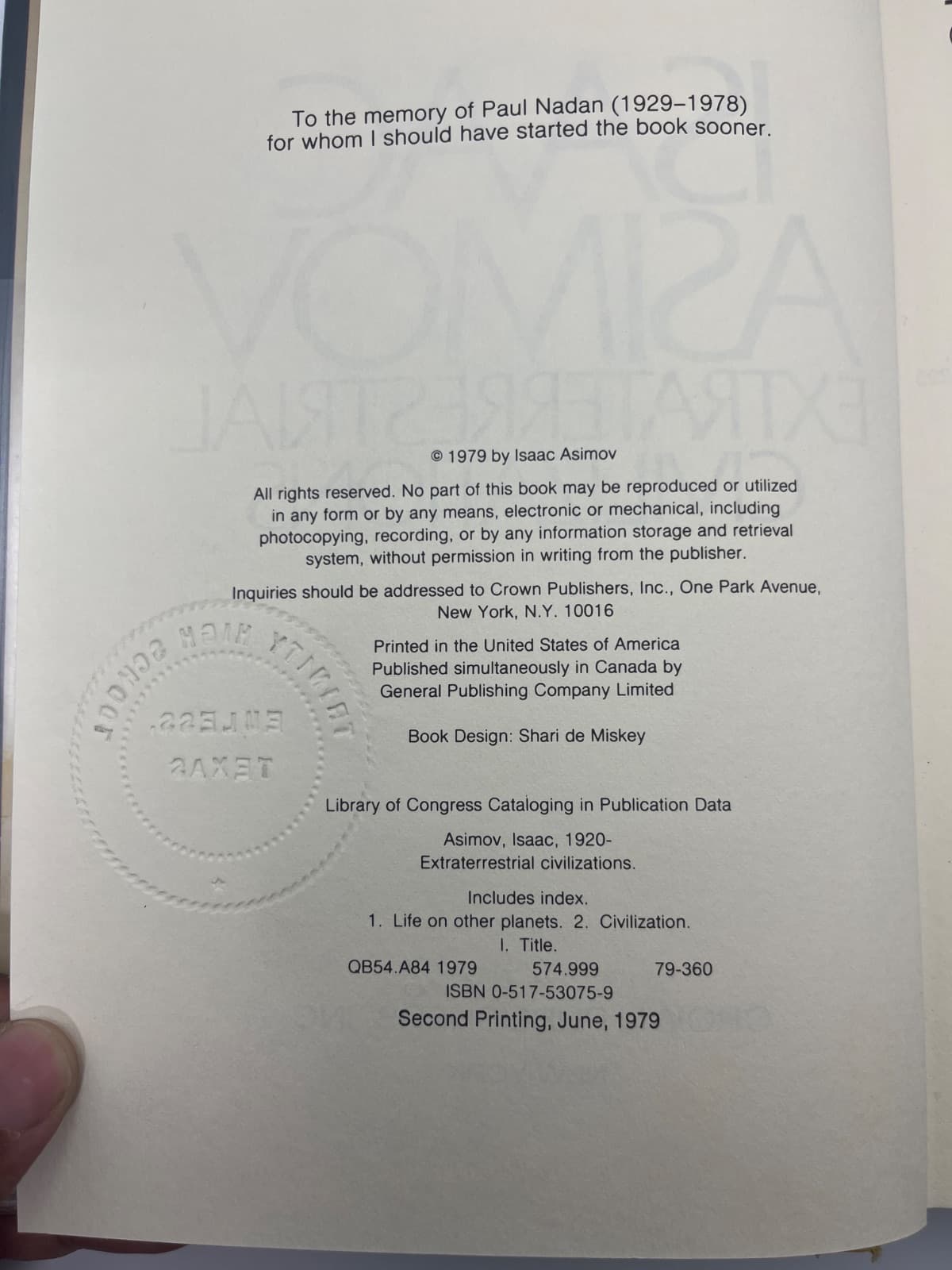 Extraterrestrial Civilizations - Isaac Asimov - Ex Library  by Isaac Asimov - copyright page showing publication details