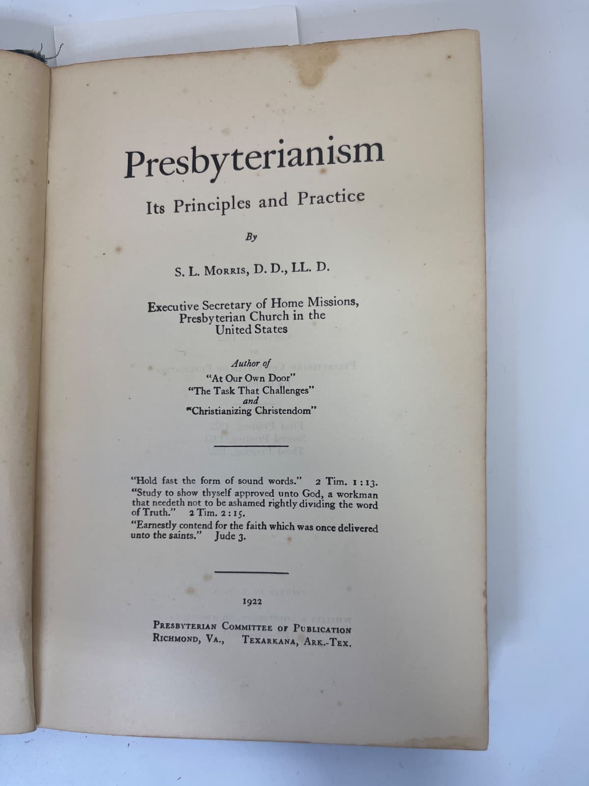 Presbyterianism: Its Principles and Practice by S. L. Morris - title page