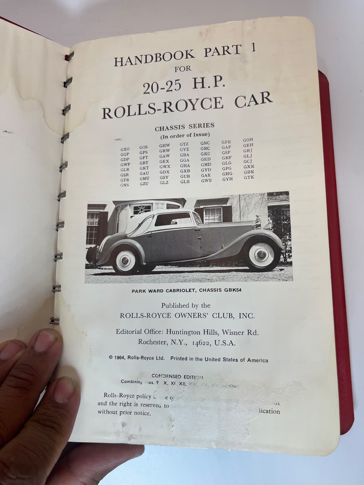 Rolls-Royce 20-25 H.P. Car Owner's Manual 1964 - WATER DAMAGE  - title page