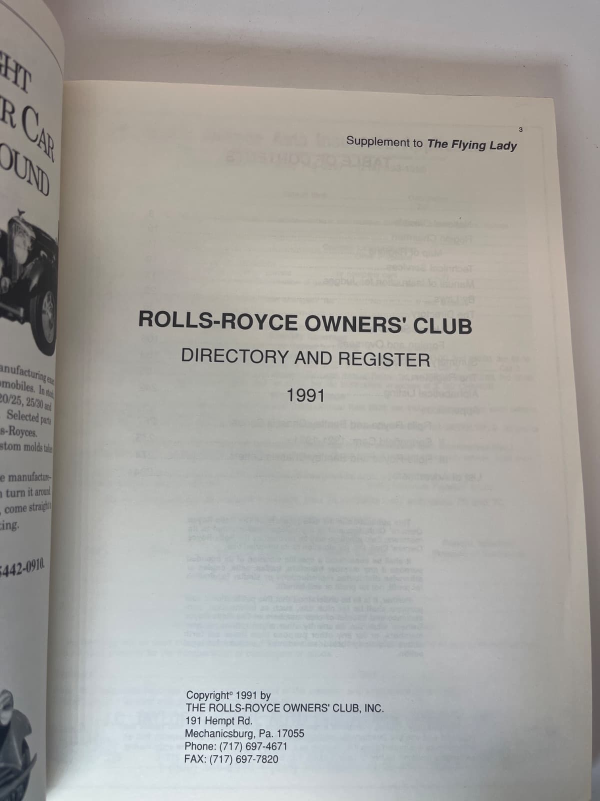 Roll's Royce Owners' Club - 1991 Directory & Register: The Flying Lady Supplement - title page