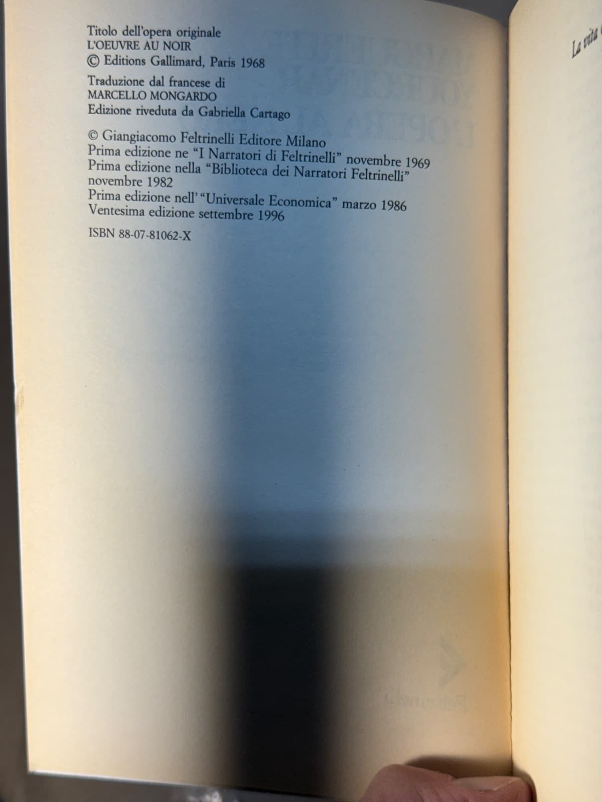 L'opera al nero by Marguerite Yourcenar - copyright page showing 1996 details