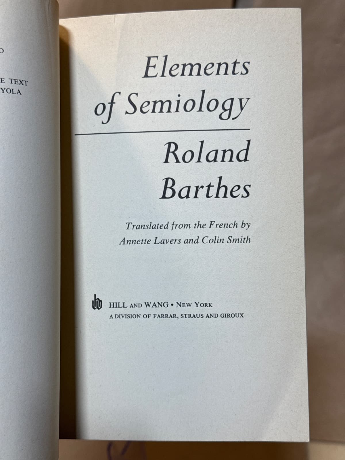 Elements of Semiology by Roland Barthes - title page