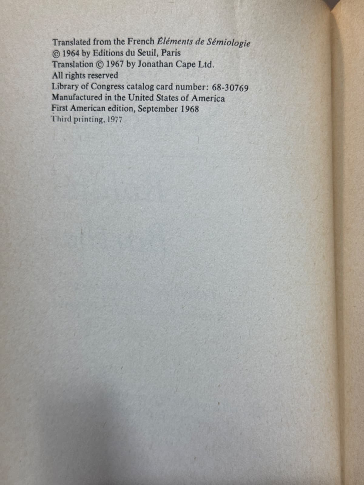 Elements of Semiology by Roland Barthes - copyright page showing 1977 details
