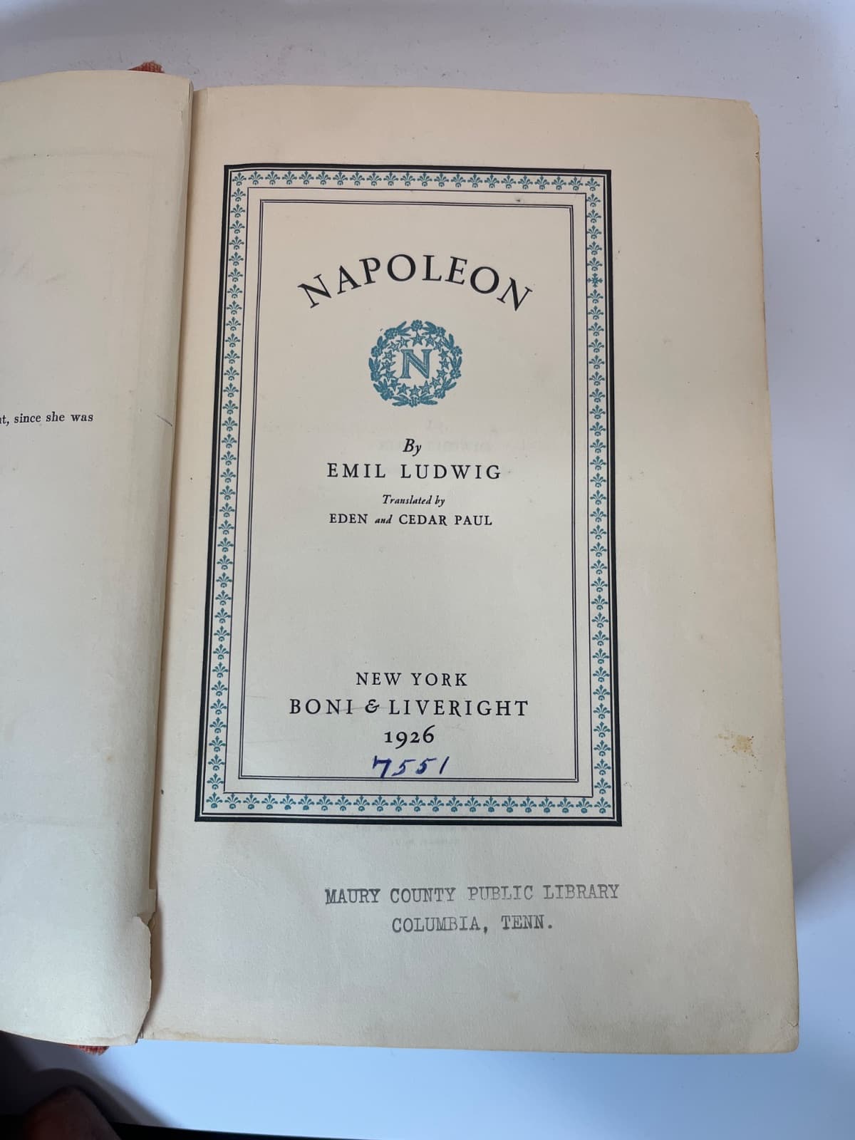 Napoleon - Ex Library - No DJ by Emil Ludwig - title page