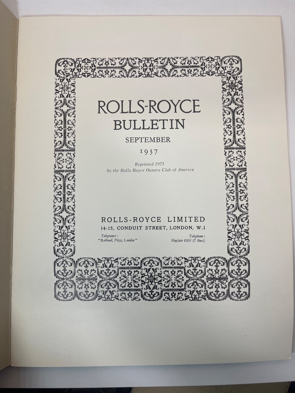 Rolls-Royce Bulletin September 1937 - 1973 Reprint  by Roll's Royce - title page